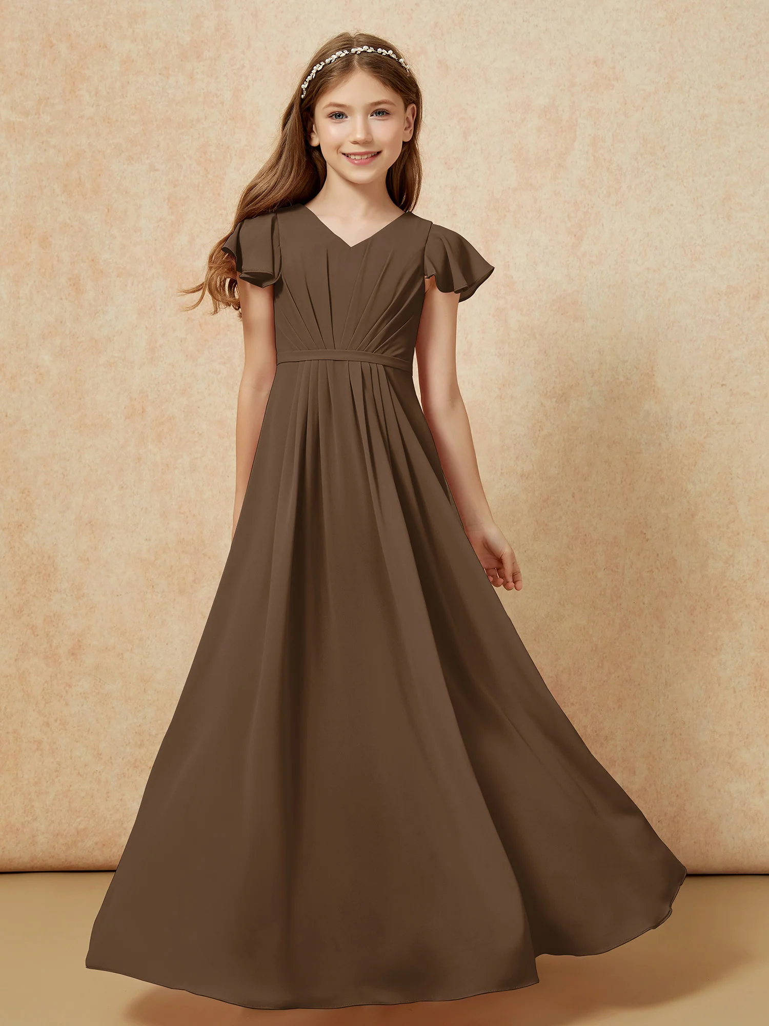 Flutter Sleeves V-neck Chiffon Junior Bridesmaid Dresses Brown