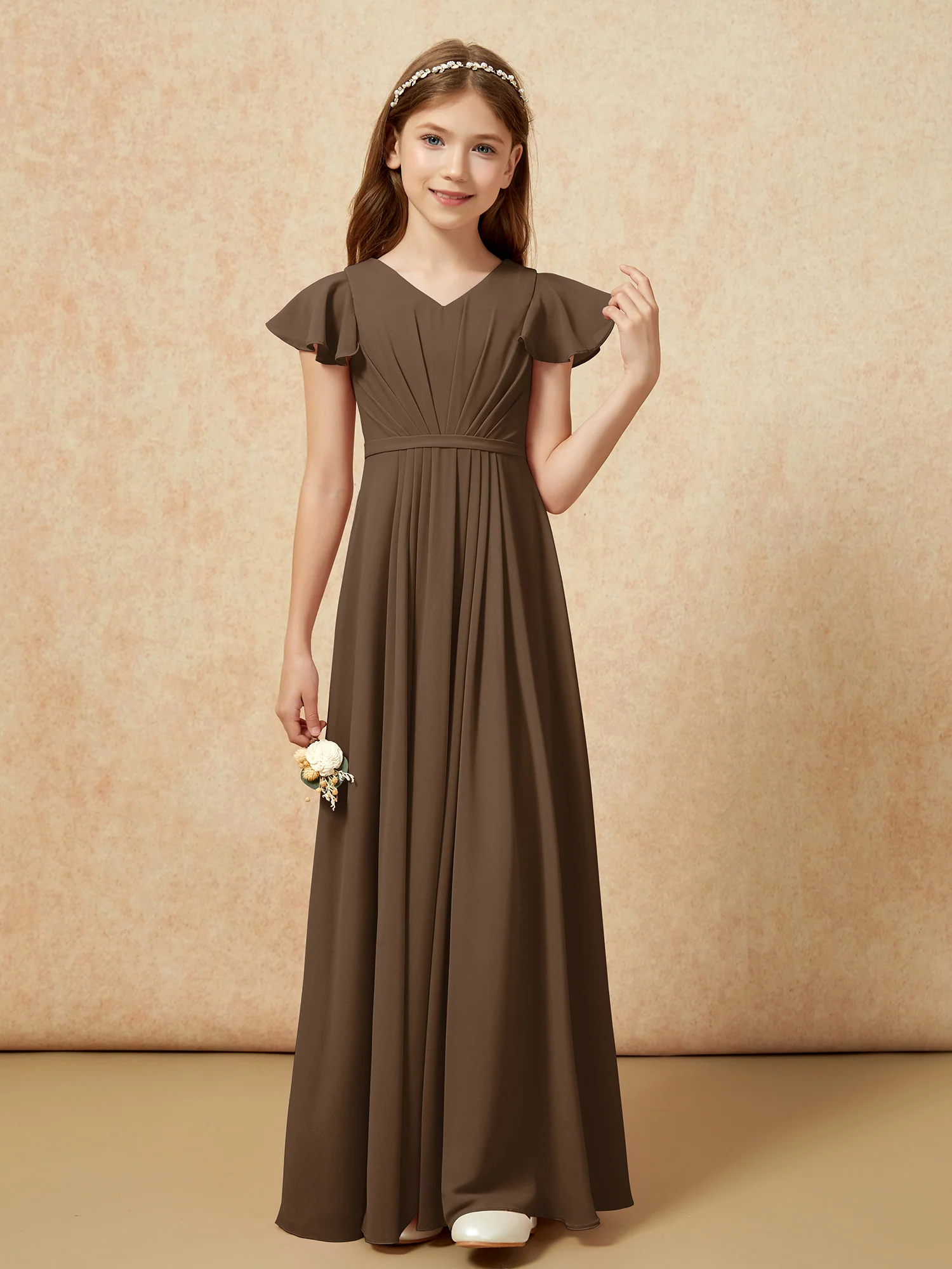 Flutter Sleeves V-neck Chiffon Junior Bridesmaid Dresses Brown - Image 4