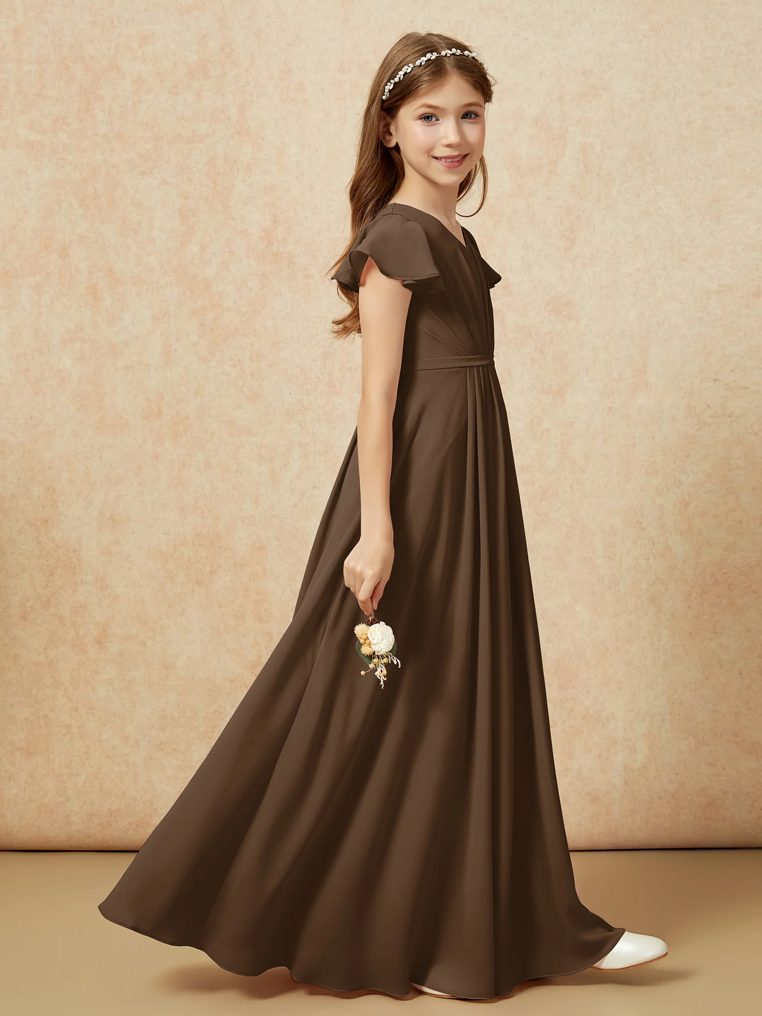 Flutter Sleeves V-neck Chiffon Junior Bridesmaid Dresses Brown - Image 5