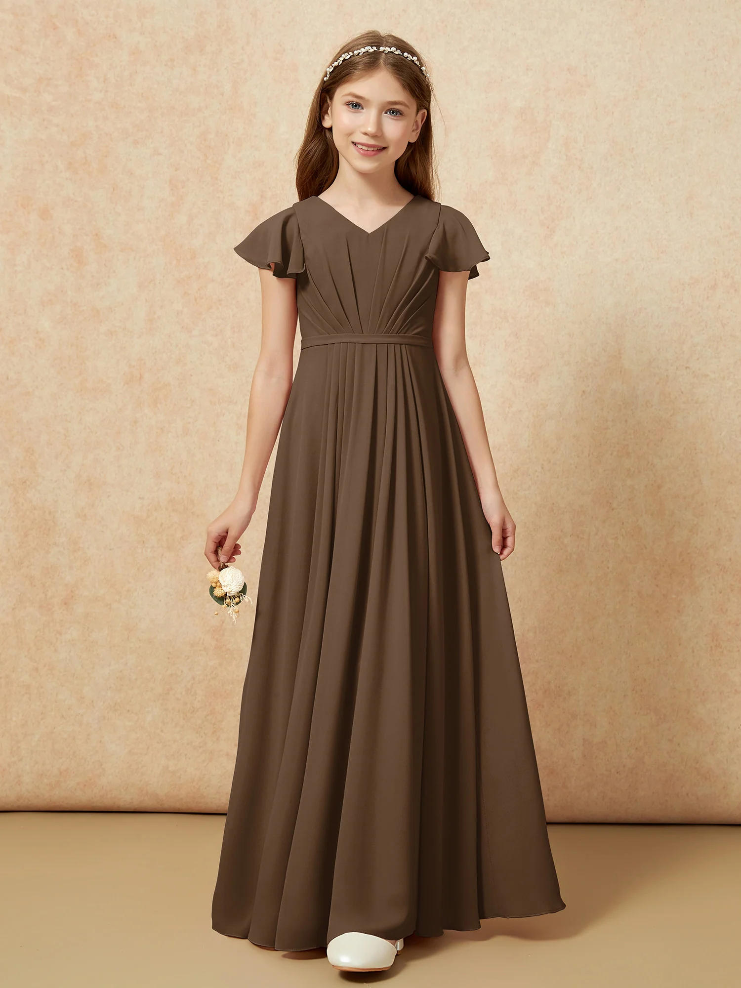 Flutter Sleeves V-neck Chiffon Junior Bridesmaid Dresses Brown - Image 6