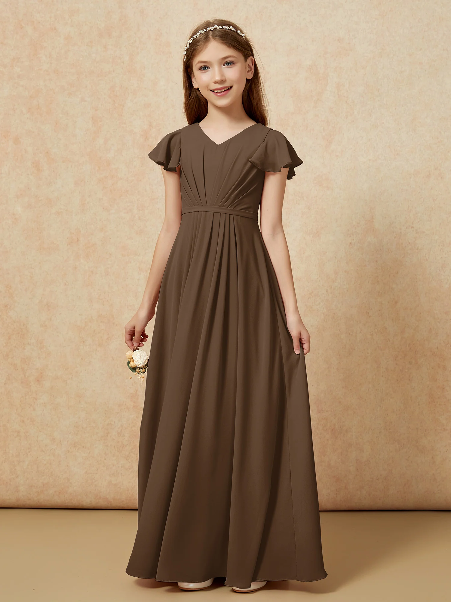 Flutter Sleeves V-neck Chiffon Junior Bridesmaid Dresses Brown - Image 7