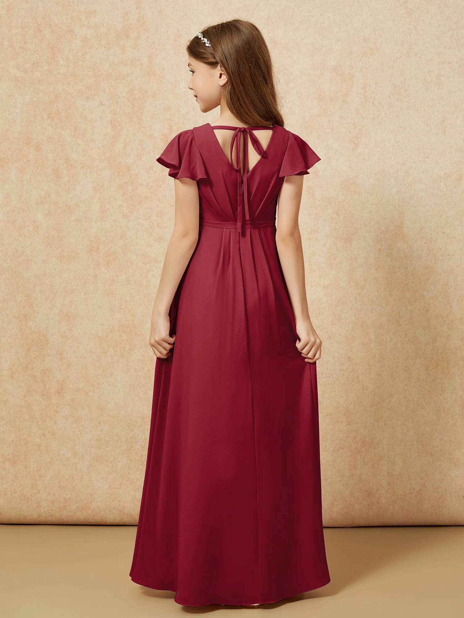 Flutter Sleeves V-neck Chiffon Junior Bridesmaid Dresses Burgundy - Image 2