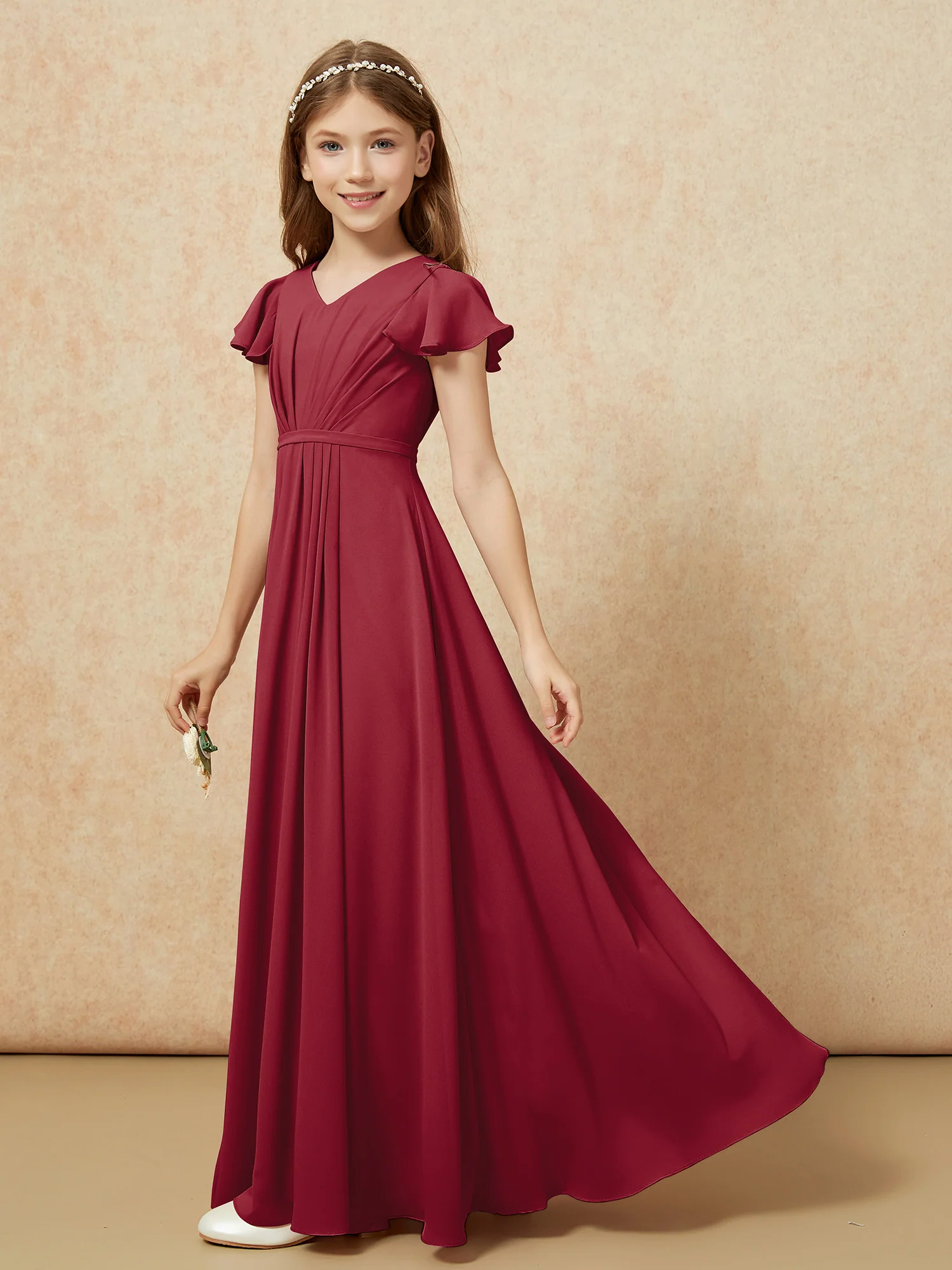 Flutter Sleeves V-neck Chiffon Junior Bridesmaid Dresses Burgundy - Image 3