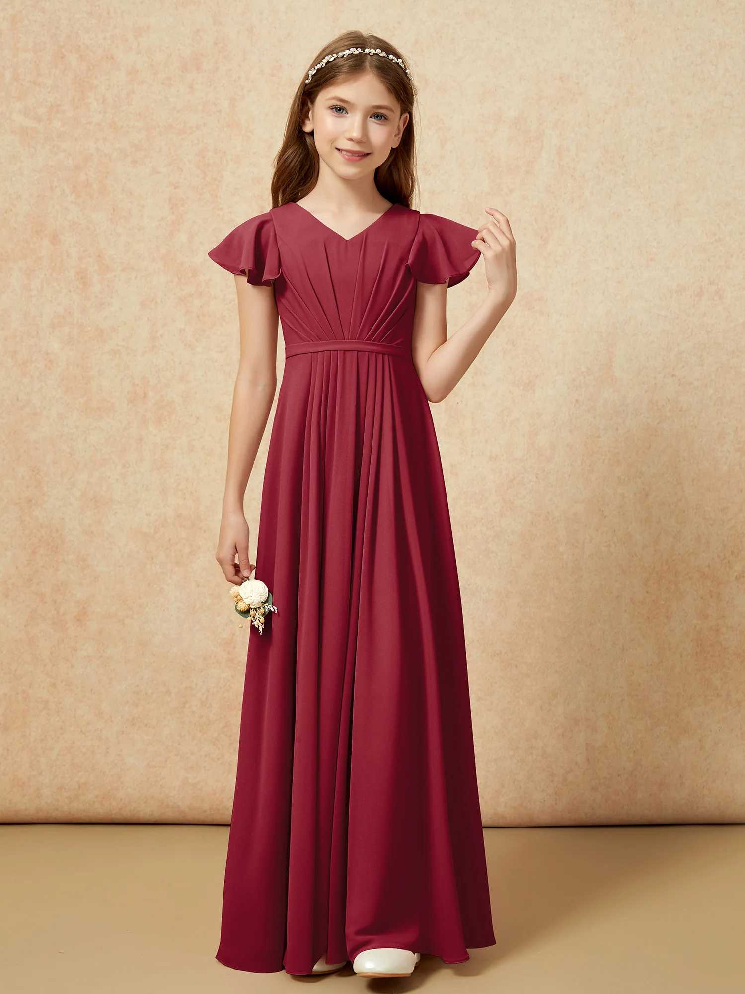 Flutter Sleeves V-neck Chiffon Junior Bridesmaid Dresses Burgundy - Image 4