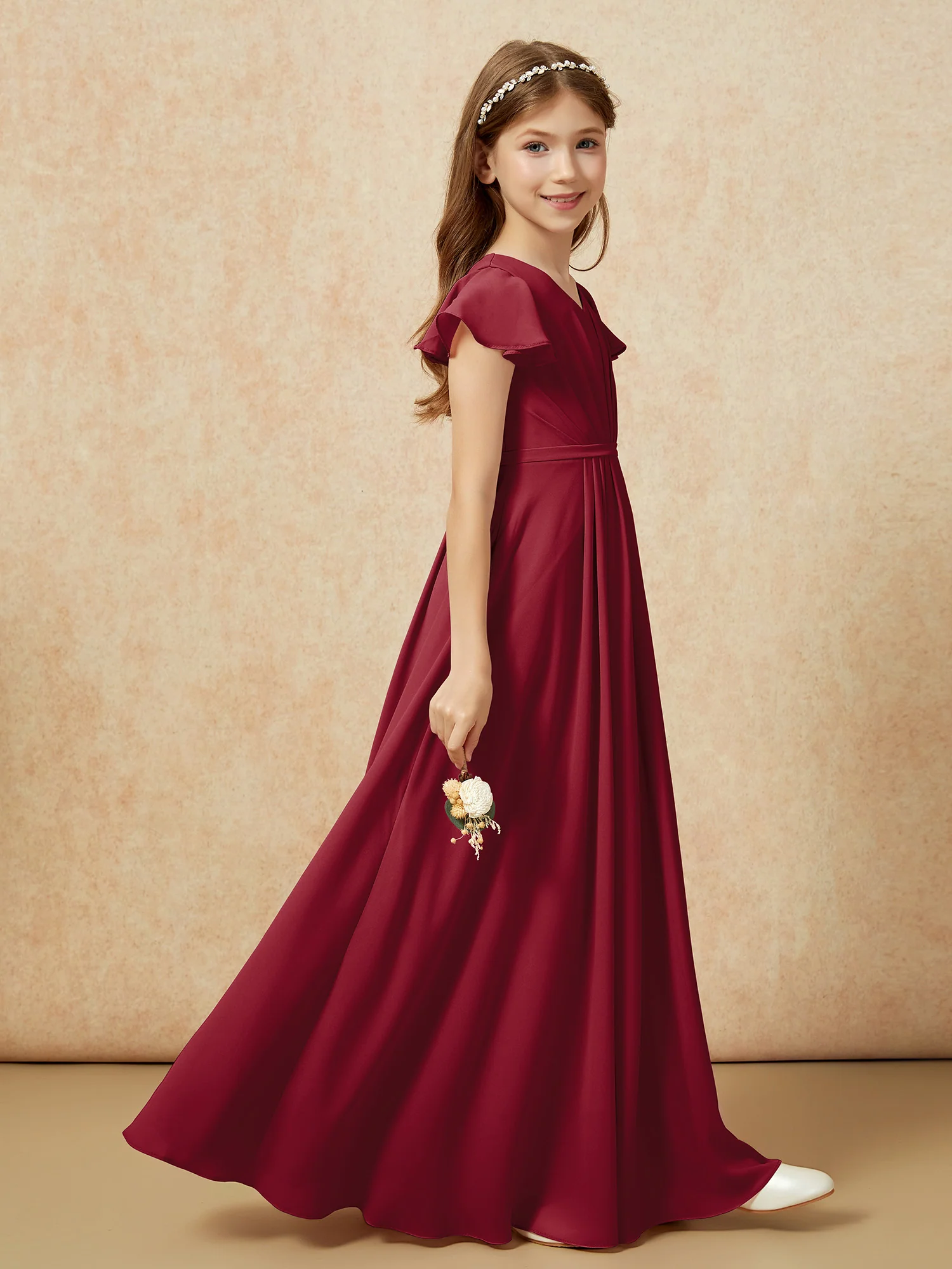 Flutter Sleeves V-neck Chiffon Junior Bridesmaid Dresses Burgundy - Image 5