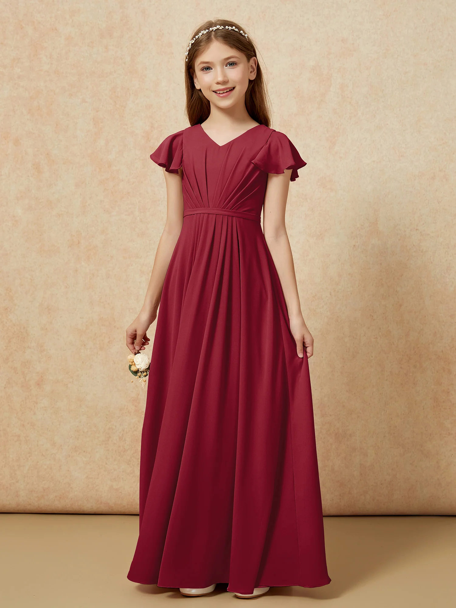 Flutter Sleeves V-neck Chiffon Junior Bridesmaid Dresses Burgundy - Image 7