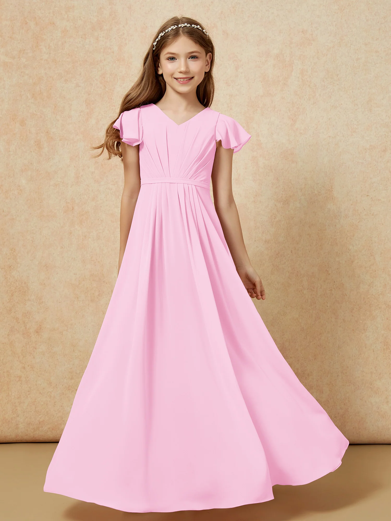 Flutter Sleeves V-neck Chiffon Junior Bridesmaid Dresses Candy Pink