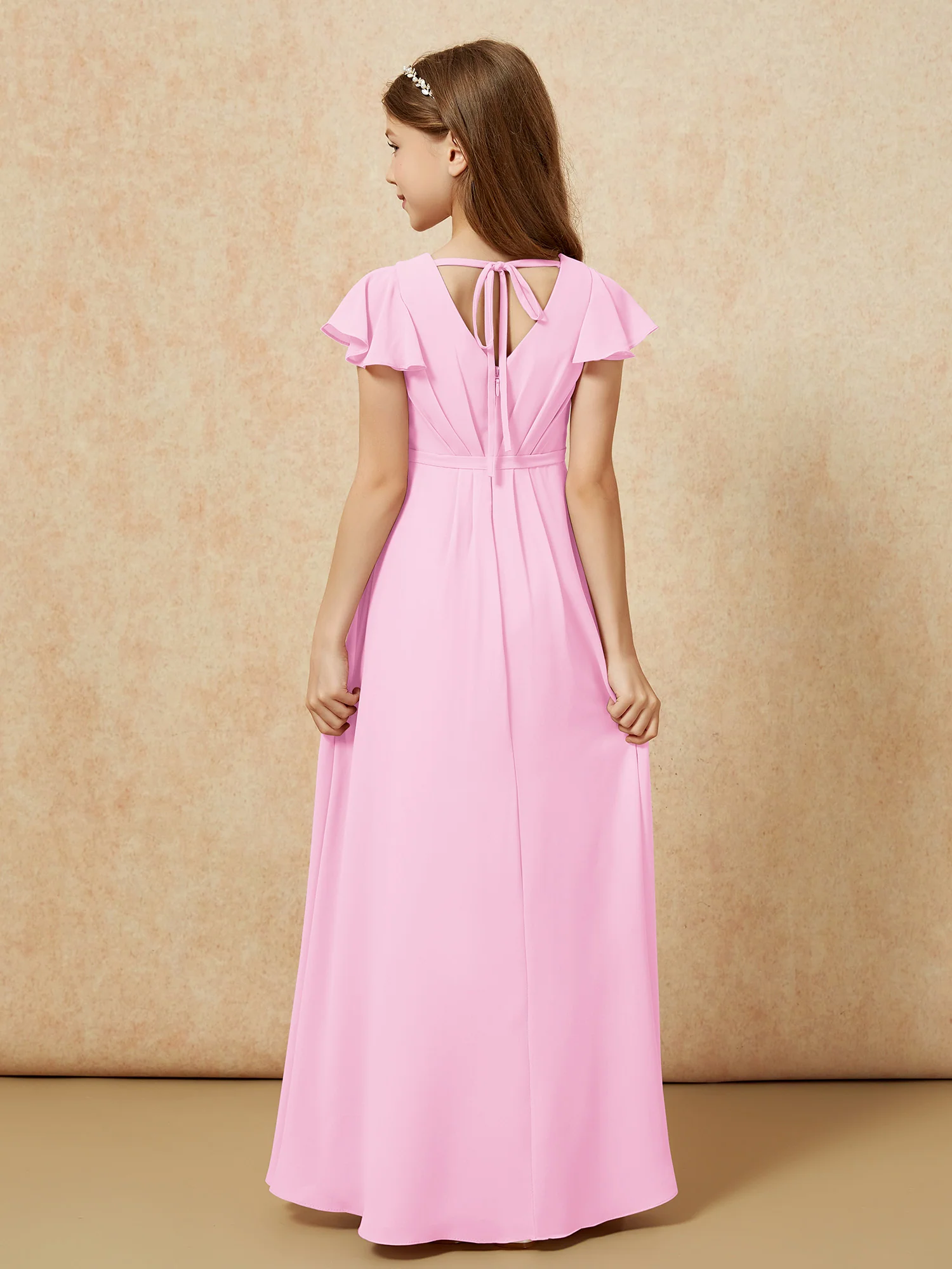 Flutter Sleeves V-neck Chiffon Junior Bridesmaid Dresses Candy Pink - Image 2