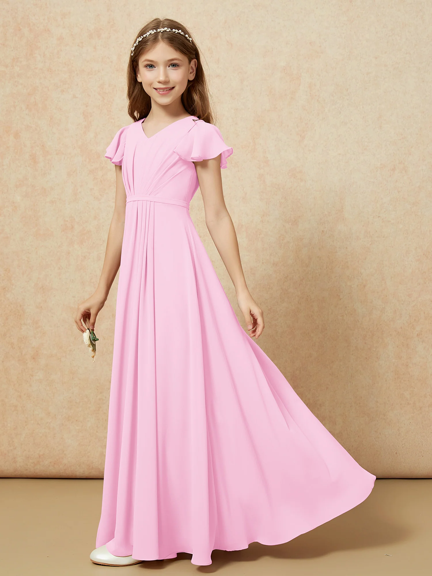 Flutter Sleeves V-neck Chiffon Junior Bridesmaid Dresses Candy Pink - Image 3
