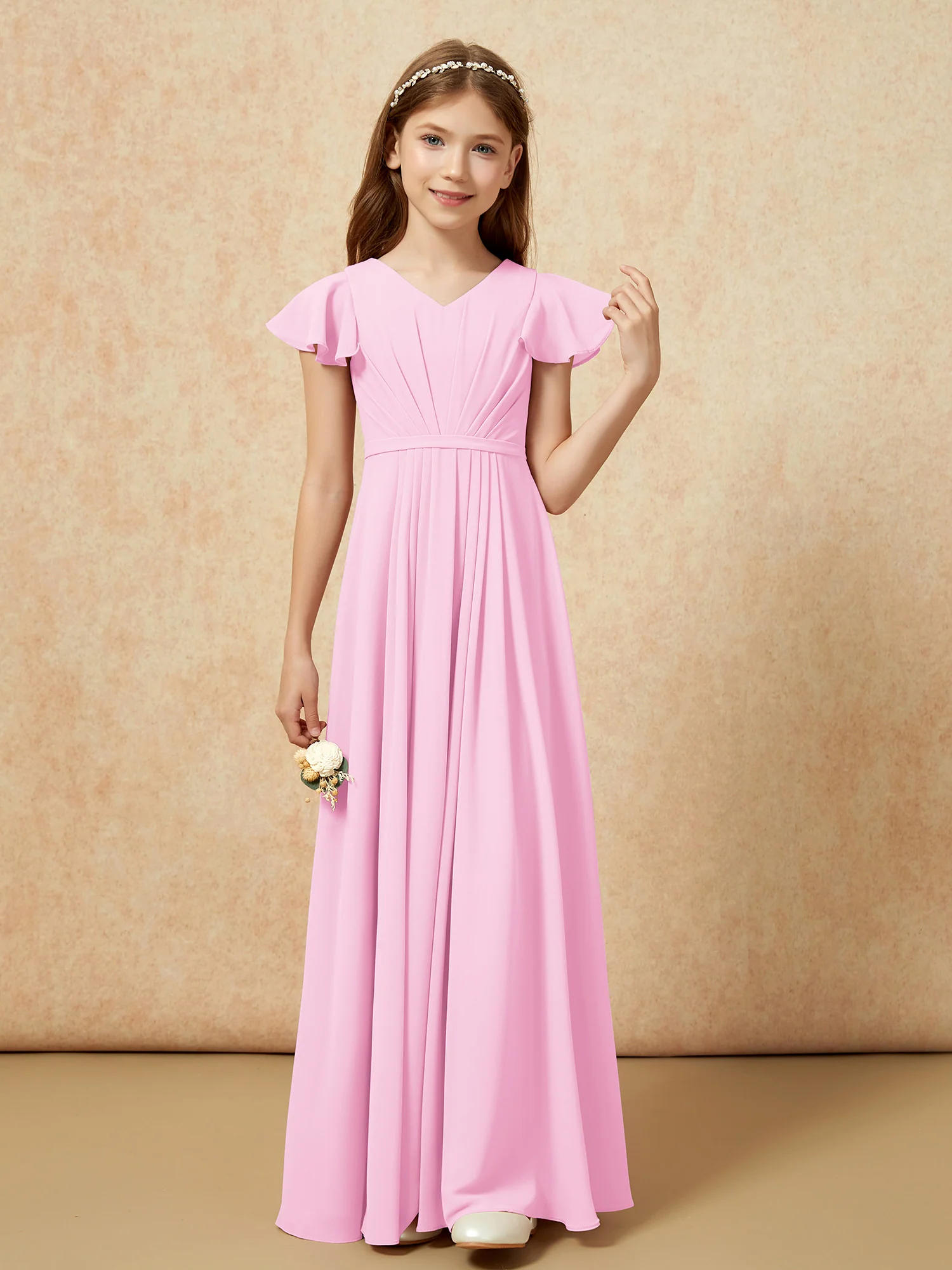 Flutter Sleeves V-neck Chiffon Junior Bridesmaid Dresses Candy Pink - Image 4