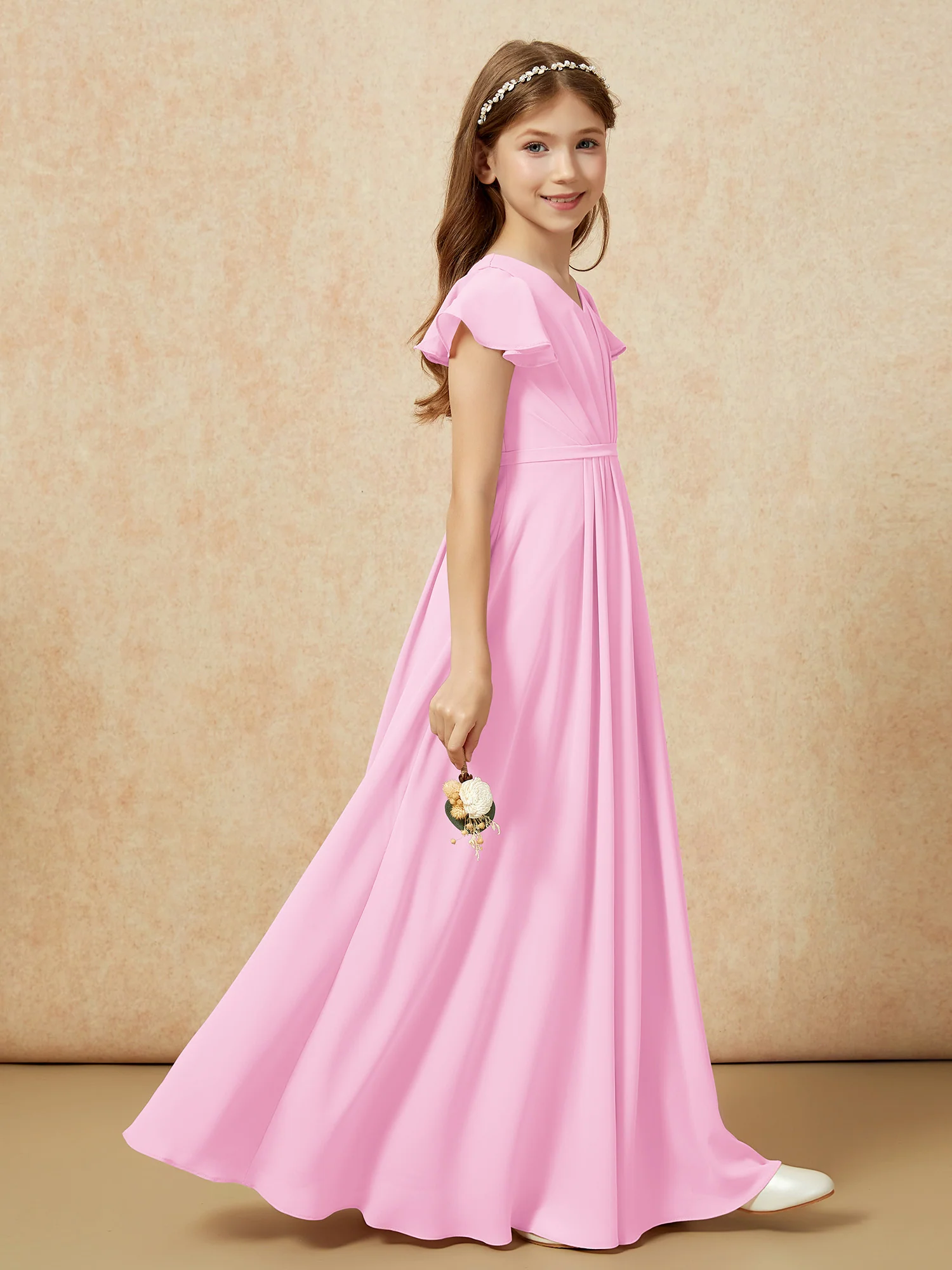 Flutter Sleeves V-neck Chiffon Junior Bridesmaid Dresses Candy Pink - Image 5