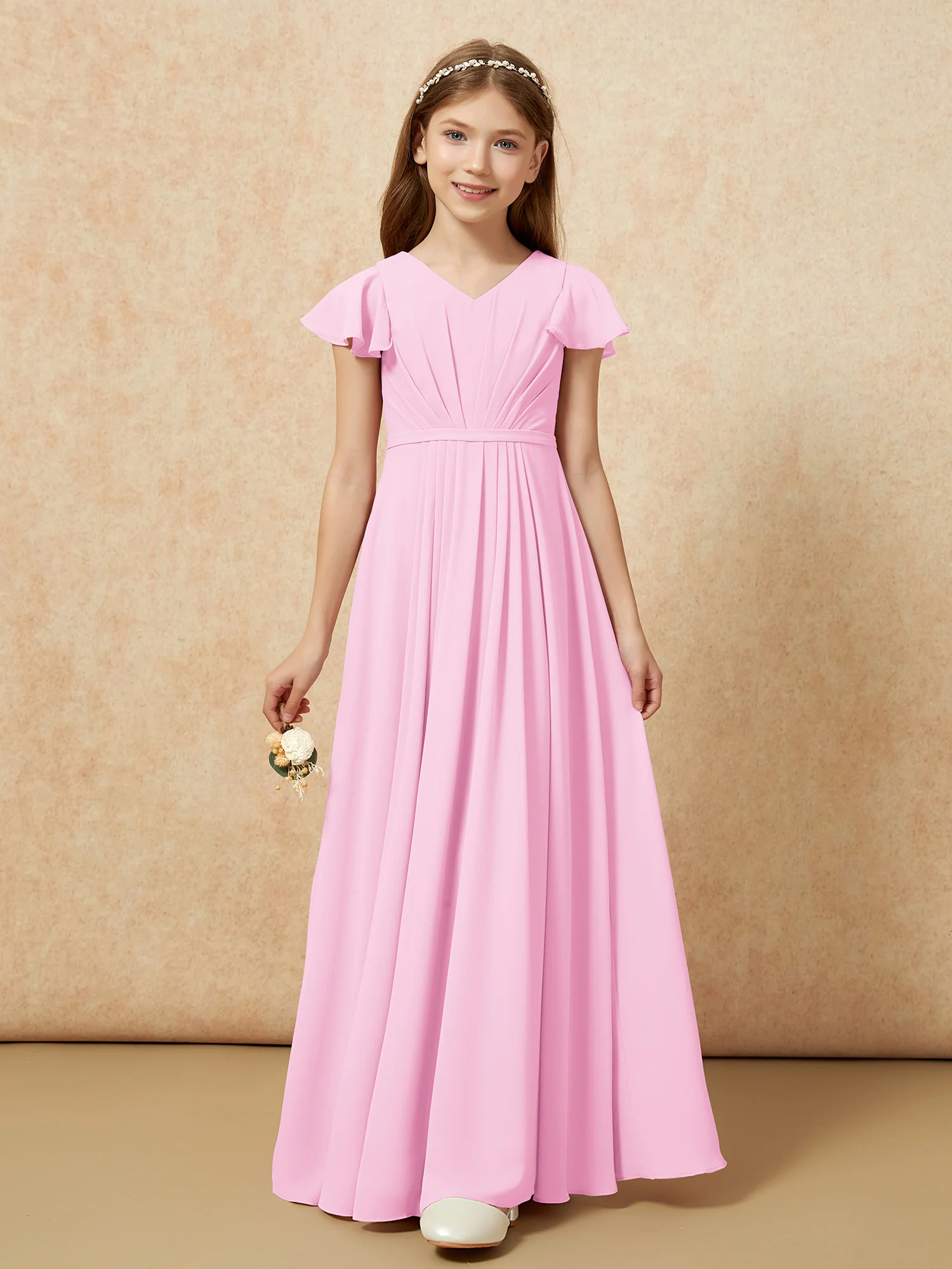 Flutter Sleeves V-neck Chiffon Junior Bridesmaid Dresses Candy Pink - Image 6