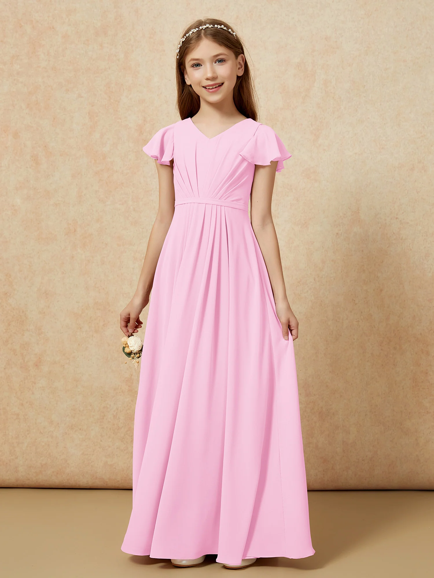 Flutter Sleeves V-neck Chiffon Junior Bridesmaid Dresses Candy Pink - Image 7