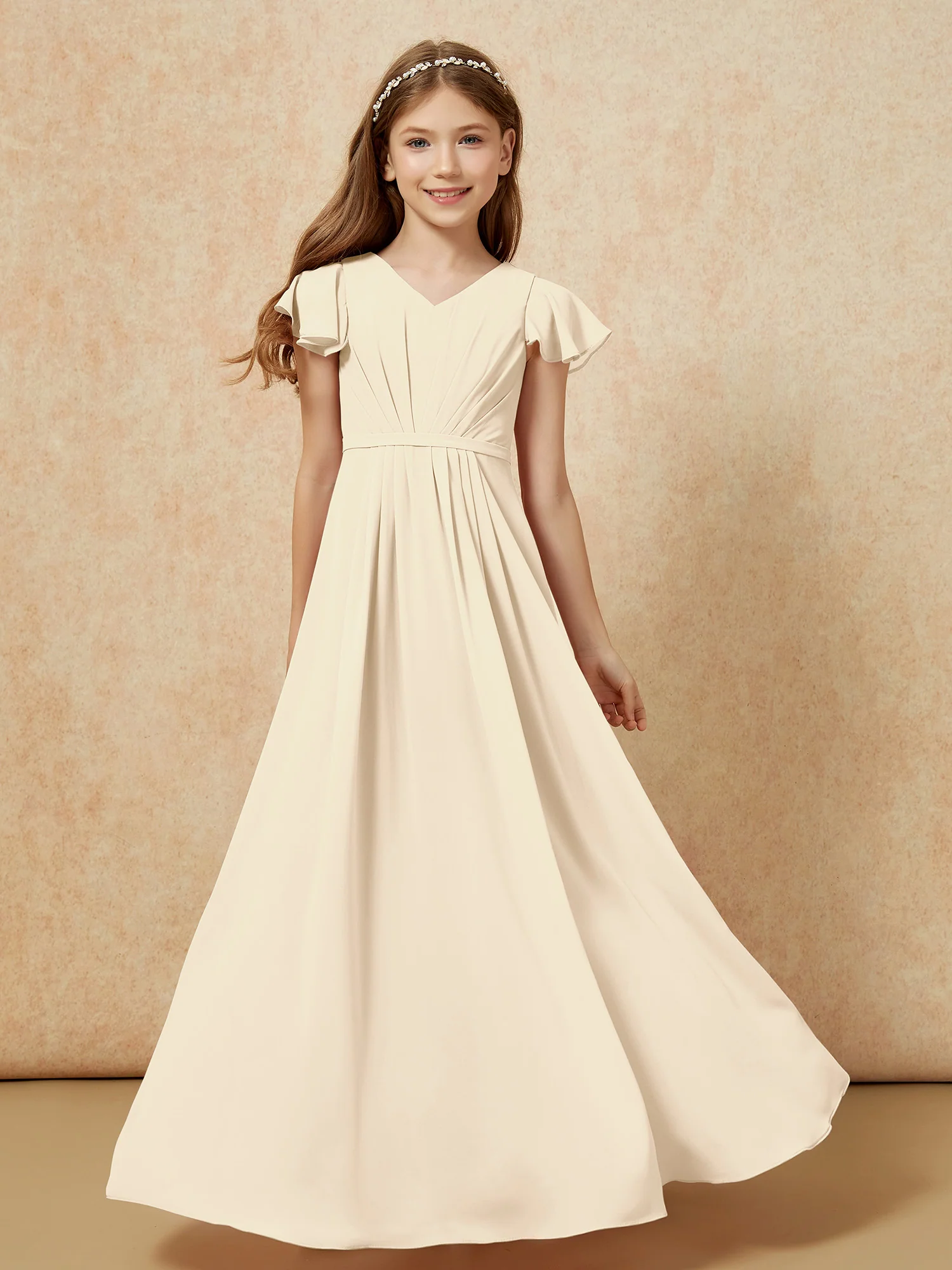 Flutter Sleeves V-neck Chiffon Junior Bridesmaid Dresses Champagne