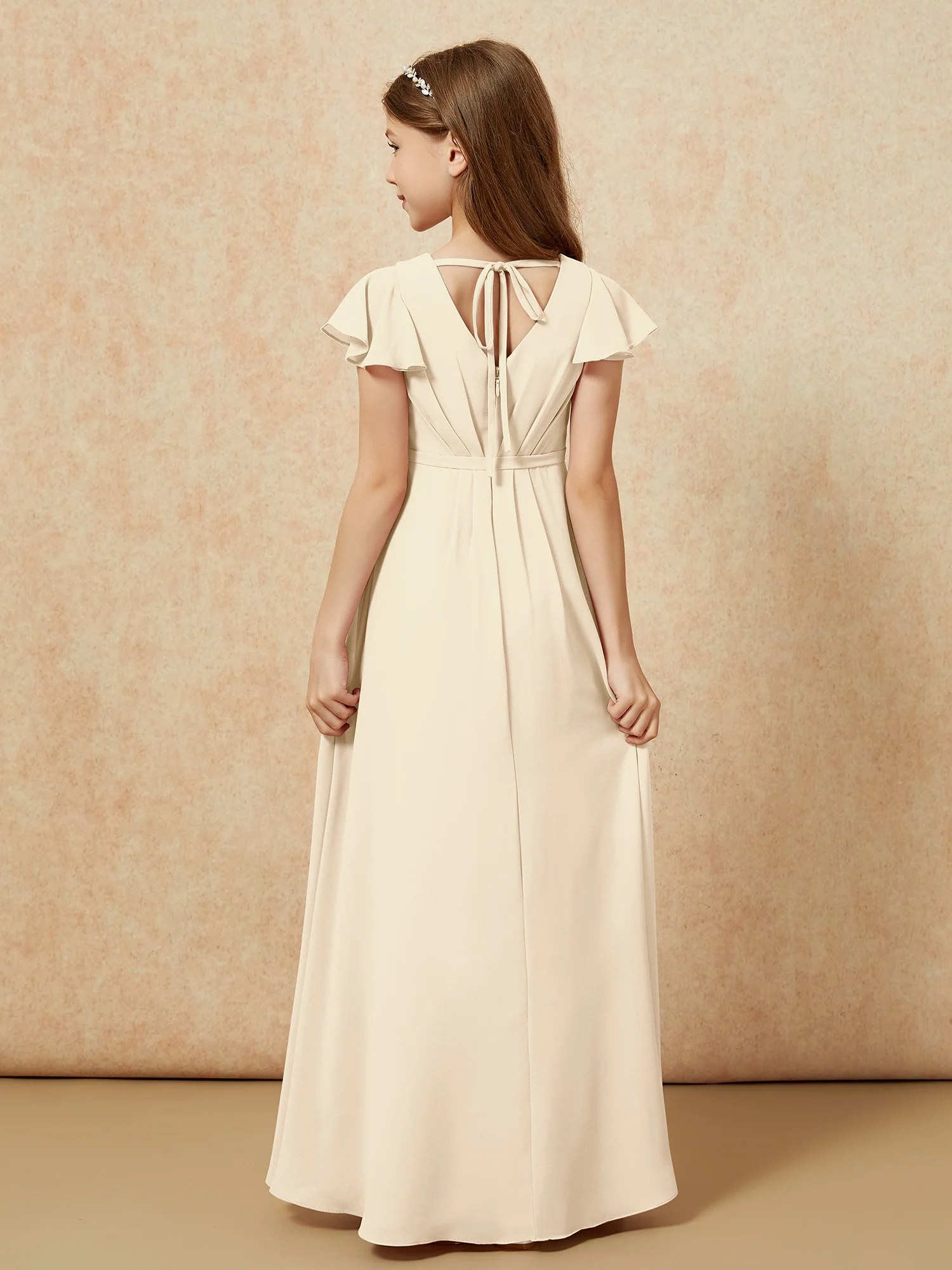 Flutter Sleeves V-neck Chiffon Junior Bridesmaid Dresses Champagne - Image 2