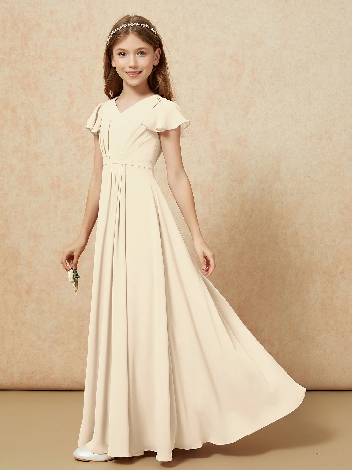 Flutter Sleeves V-neck Chiffon Junior Bridesmaid Dresses Champagne - Image 3