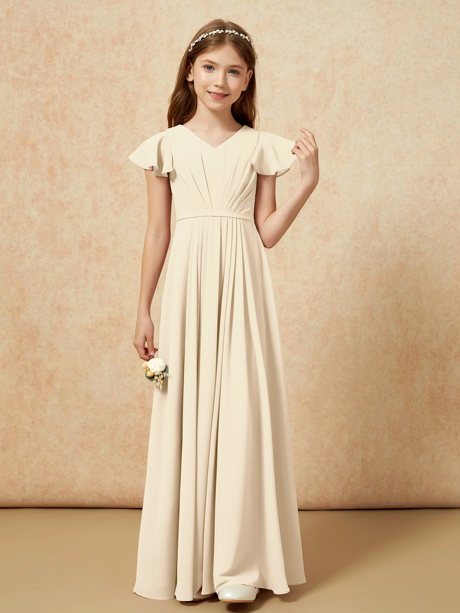 Flutter Sleeves V-neck Chiffon Junior Bridesmaid Dresses Champagne - Image 4