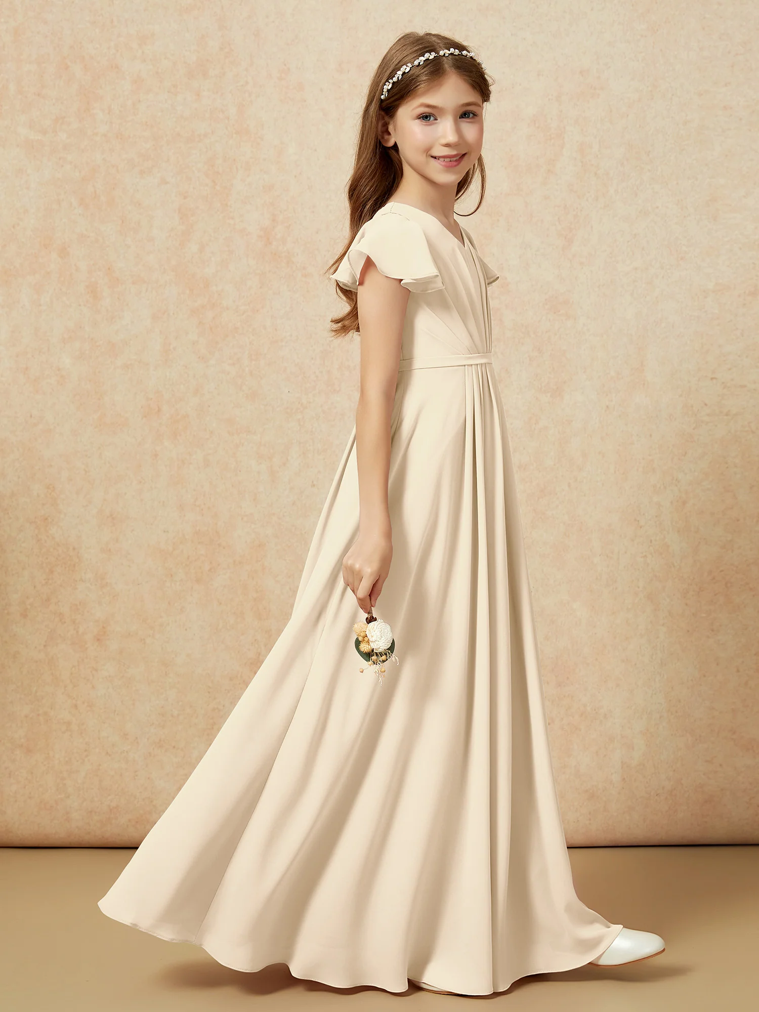 Flutter Sleeves V-neck Chiffon Junior Bridesmaid Dresses Champagne - Image 5