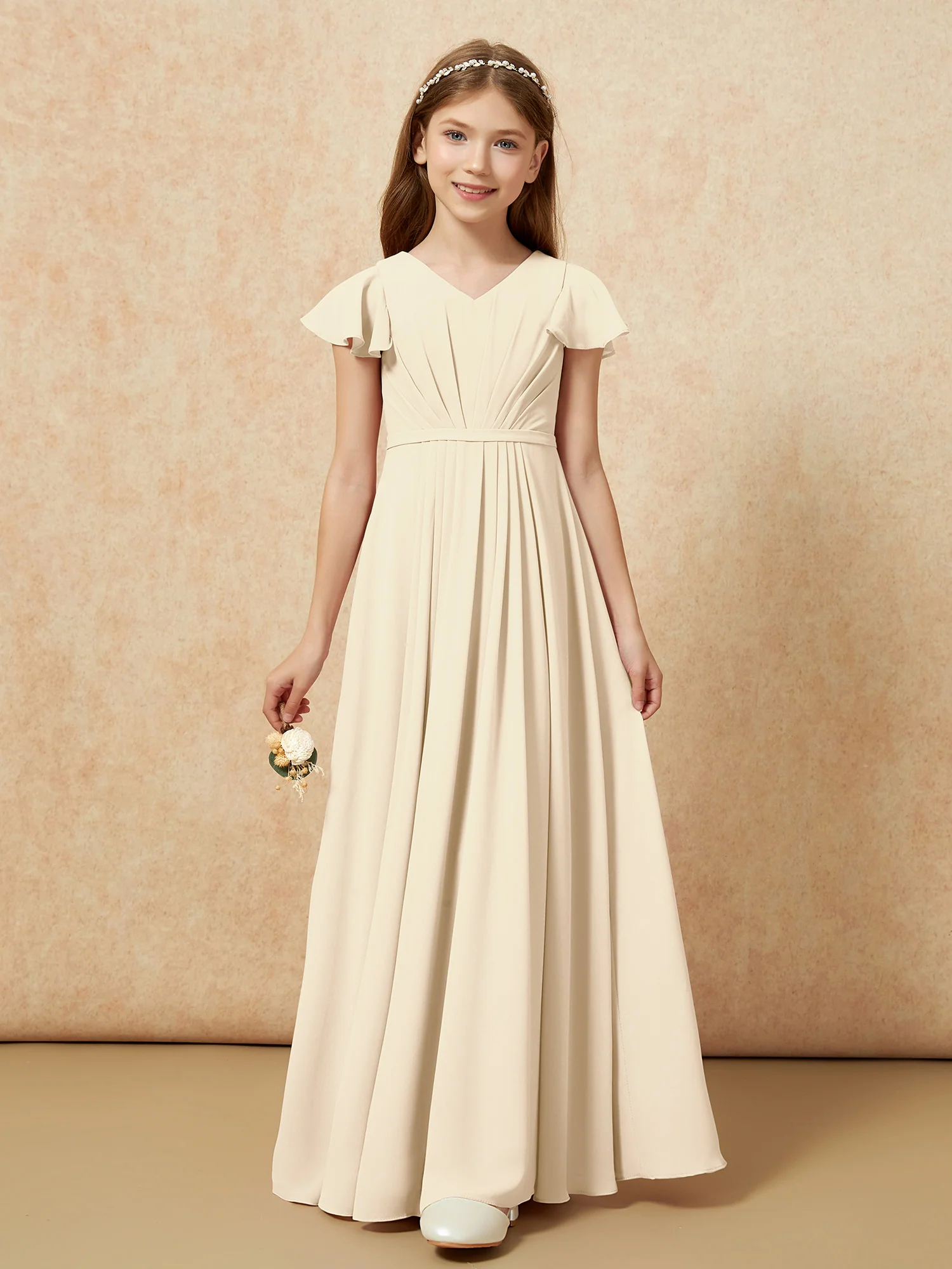 Flutter Sleeves V-neck Chiffon Junior Bridesmaid Dresses Champagne - Image 6