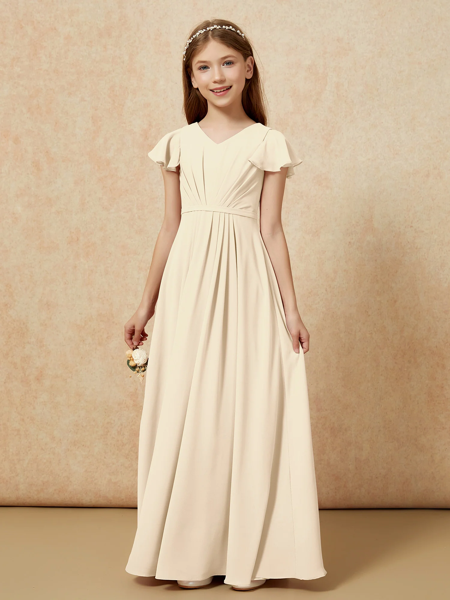 Flutter Sleeves V-neck Chiffon Junior Bridesmaid Dresses Champagne - Image 7