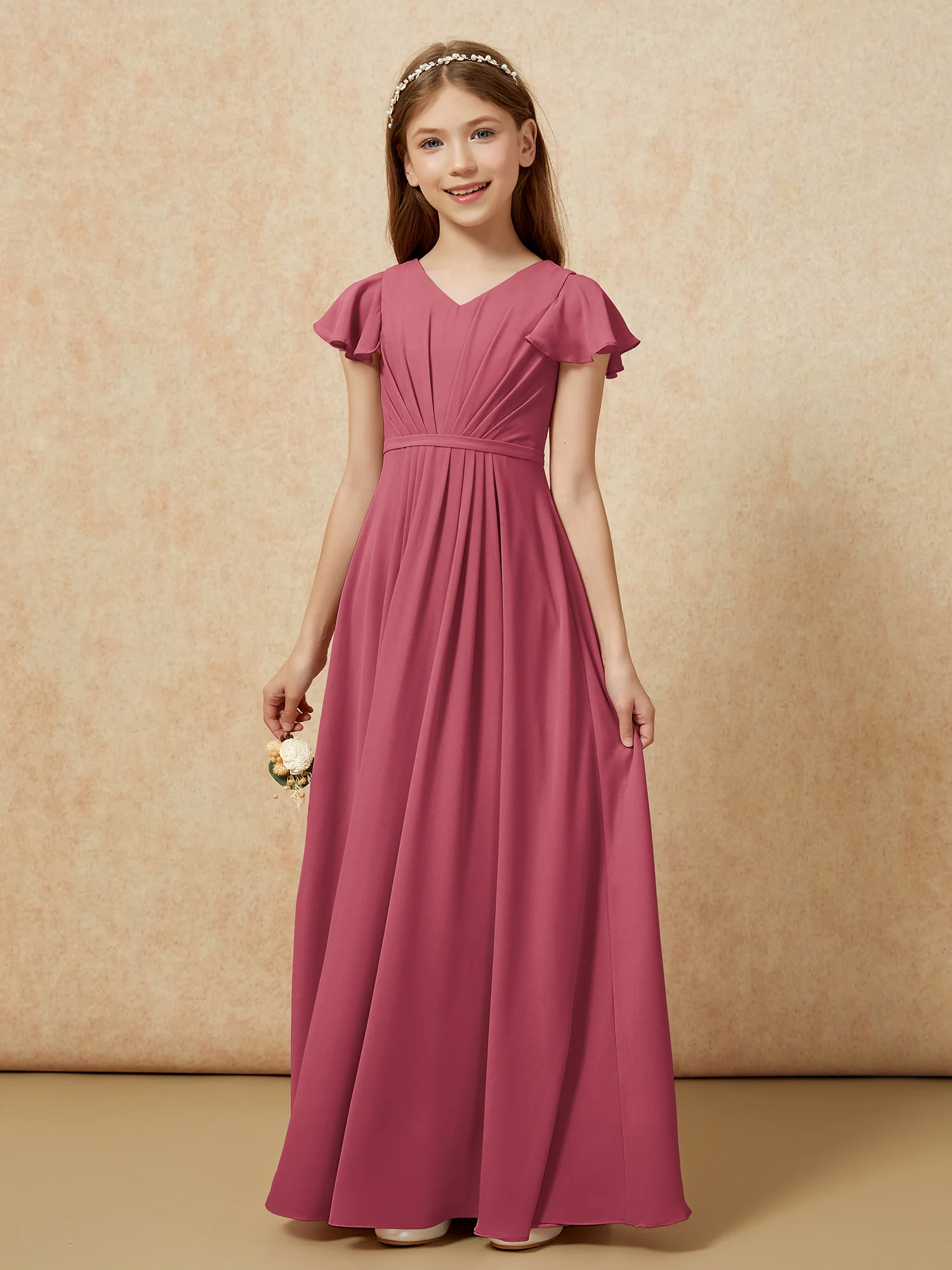 Flutter Sleeves V-neck Chiffon Junior Bridesmaid Dresses Cinnamon Rose - Image 7