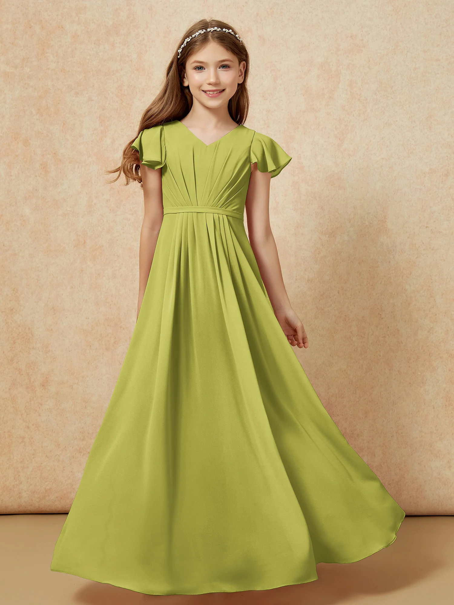 Flutter Sleeves V-neck Chiffon Junior Bridesmaid Dresses Clover