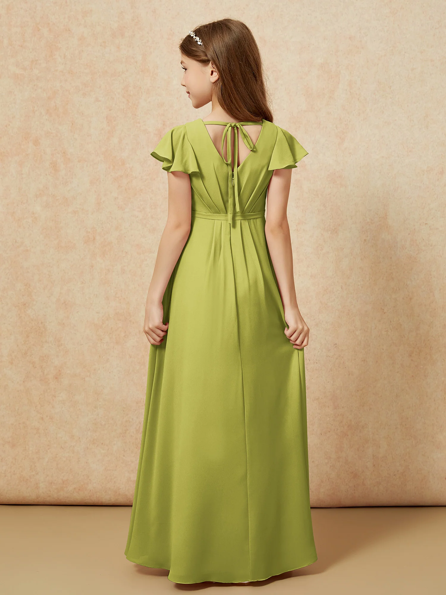 Flutter Sleeves V-neck Chiffon Junior Bridesmaid Dresses Clover - Image 2