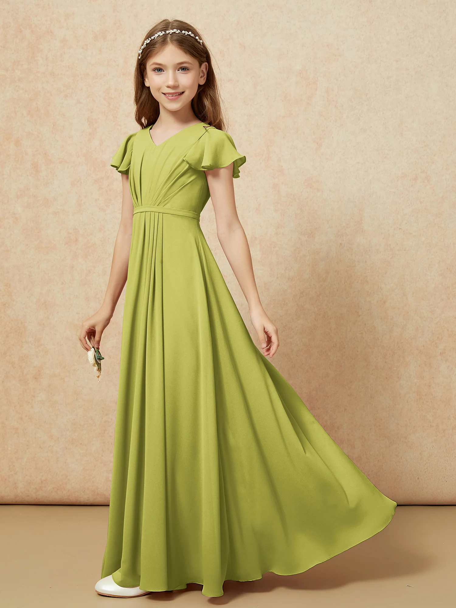 Flutter Sleeves V-neck Chiffon Junior Bridesmaid Dresses Clover - Image 3