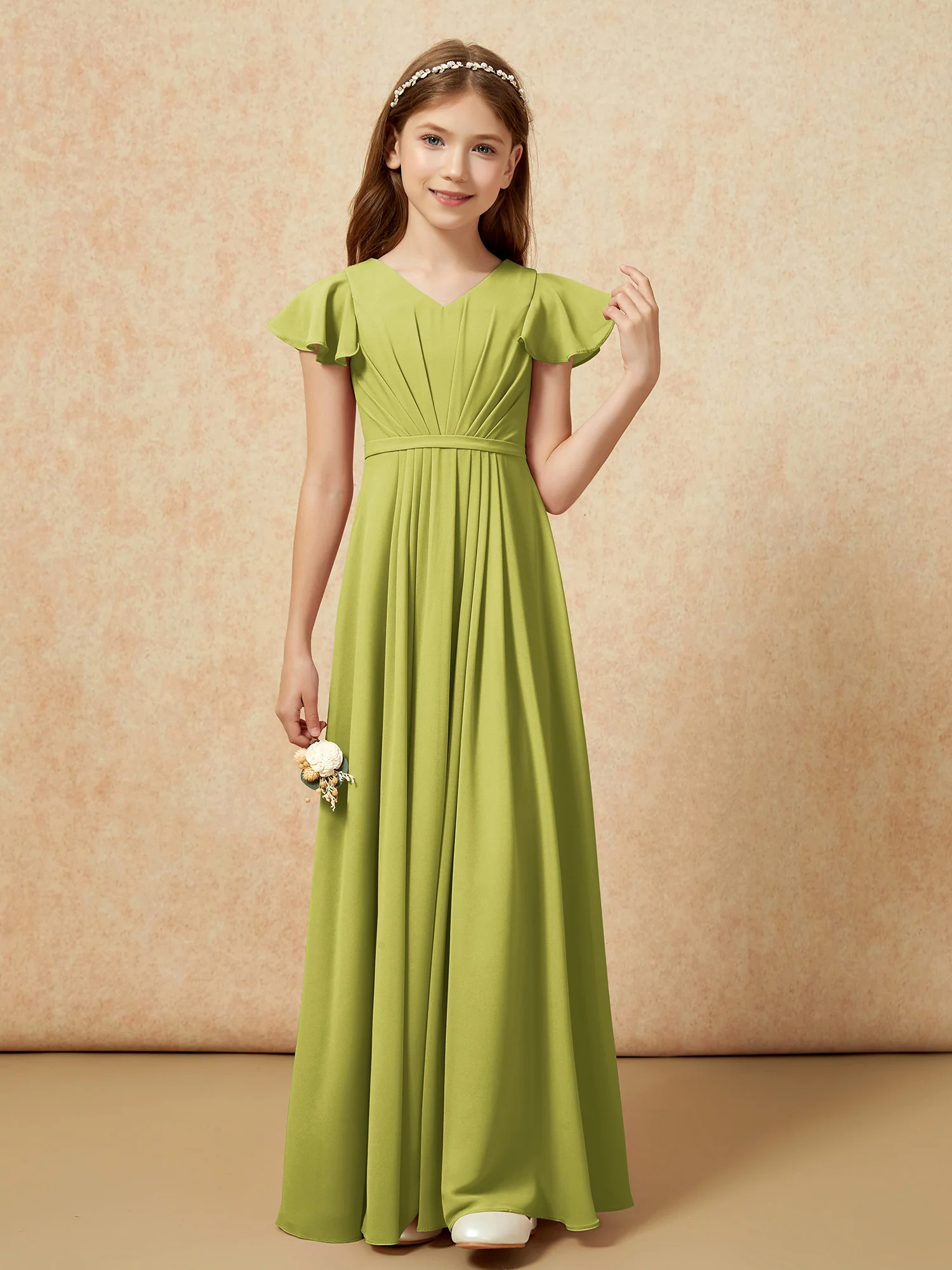 Flutter Sleeves V-neck Chiffon Junior Bridesmaid Dresses Clover - Image 4