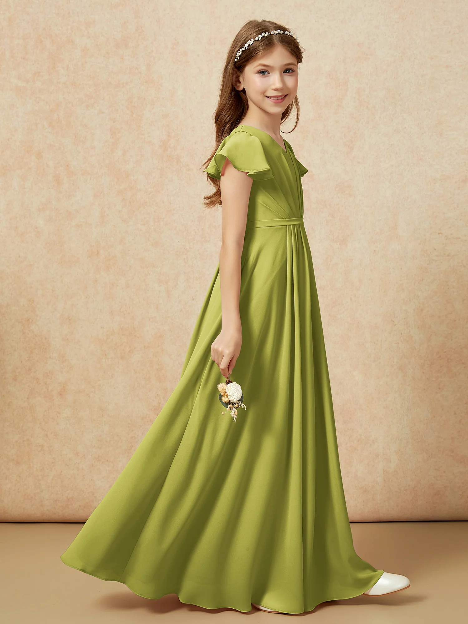 Flutter Sleeves V-neck Chiffon Junior Bridesmaid Dresses Clover - Image 5