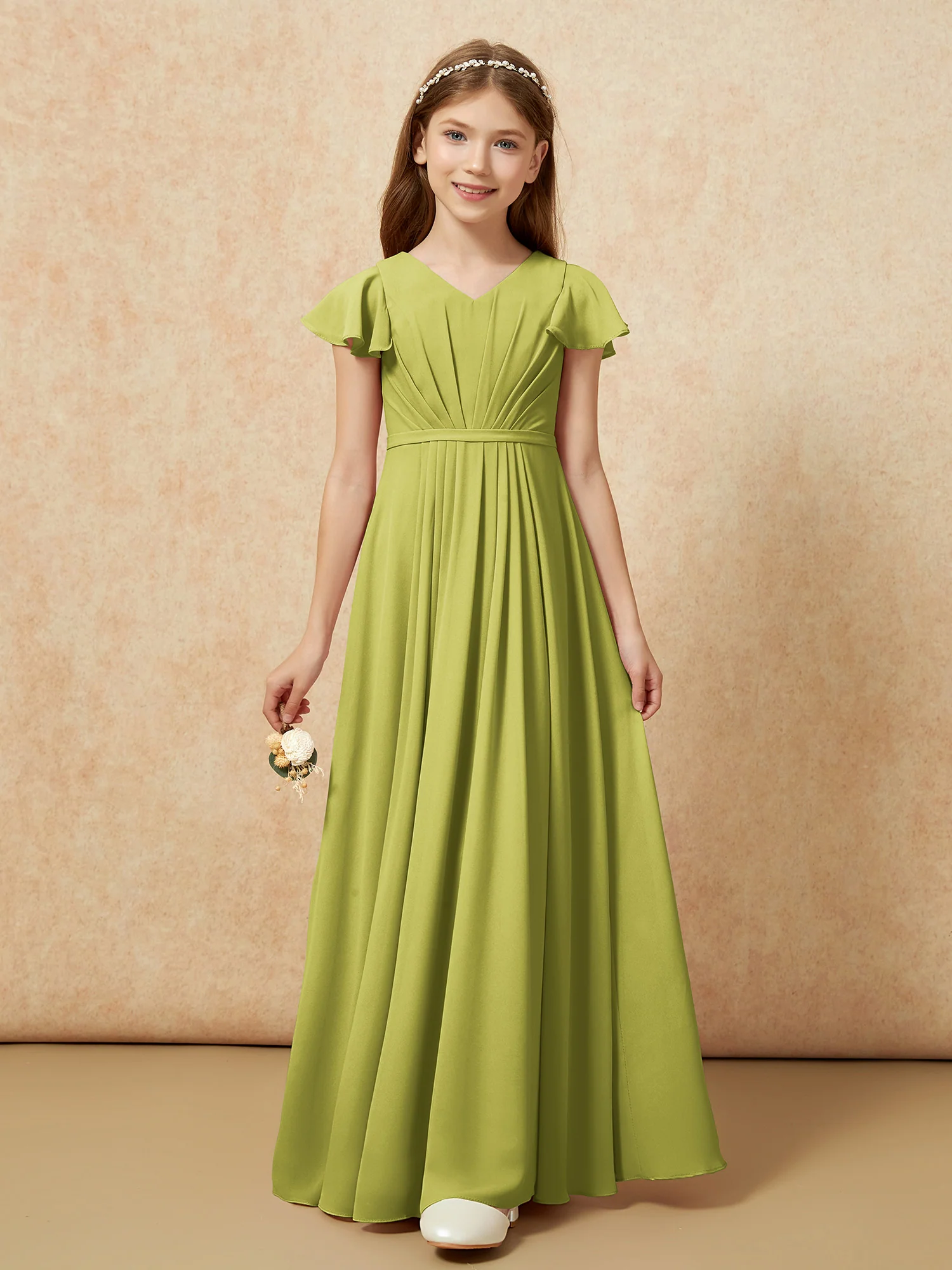 Flutter Sleeves V-neck Chiffon Junior Bridesmaid Dresses Clover - Image 6