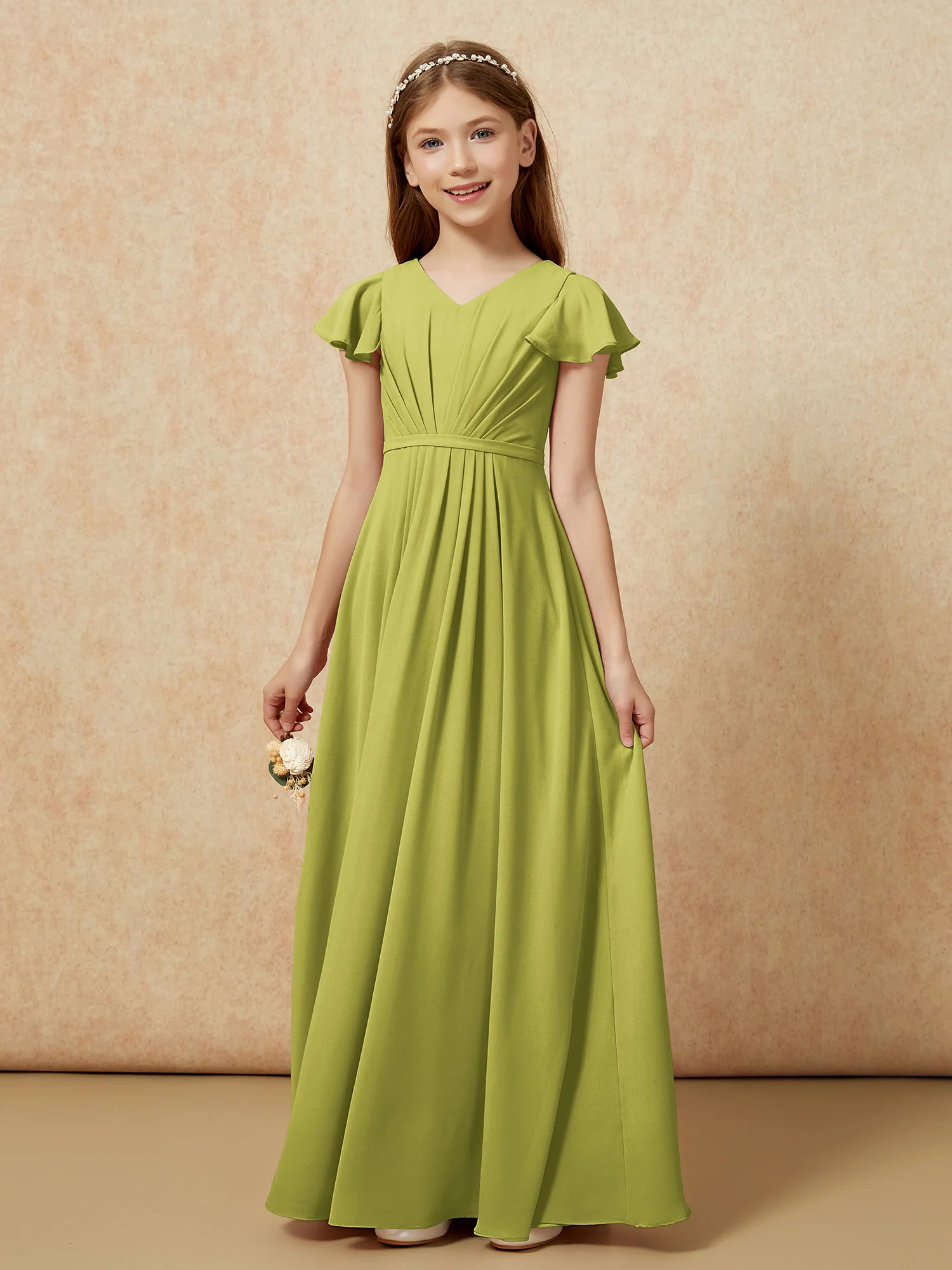 Flutter Sleeves V-neck Chiffon Junior Bridesmaid Dresses Clover - Image 7