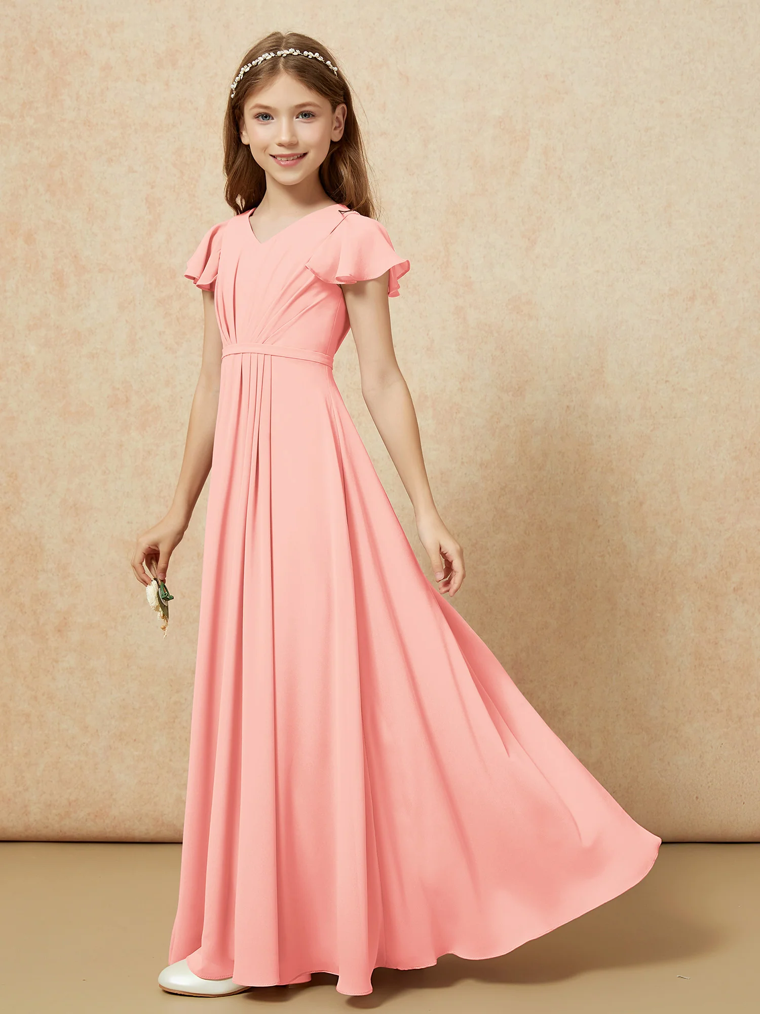 Flutter Sleeves V-neck Chiffon Junior Bridesmaid Dresses Coral - Image 3