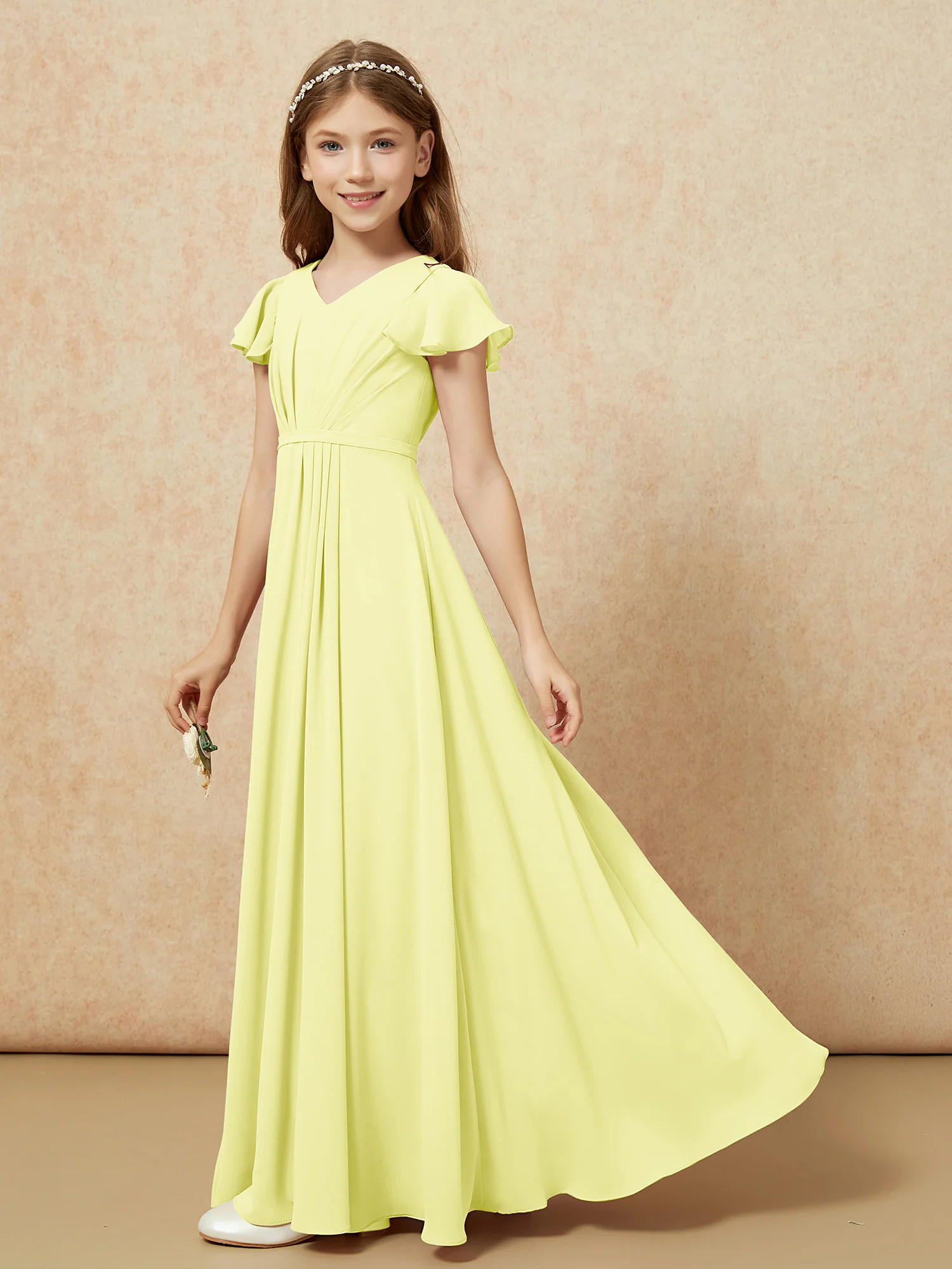 Flutter Sleeves V-neck Chiffon Junior Bridesmaid Dresses Daffodil - Image 3