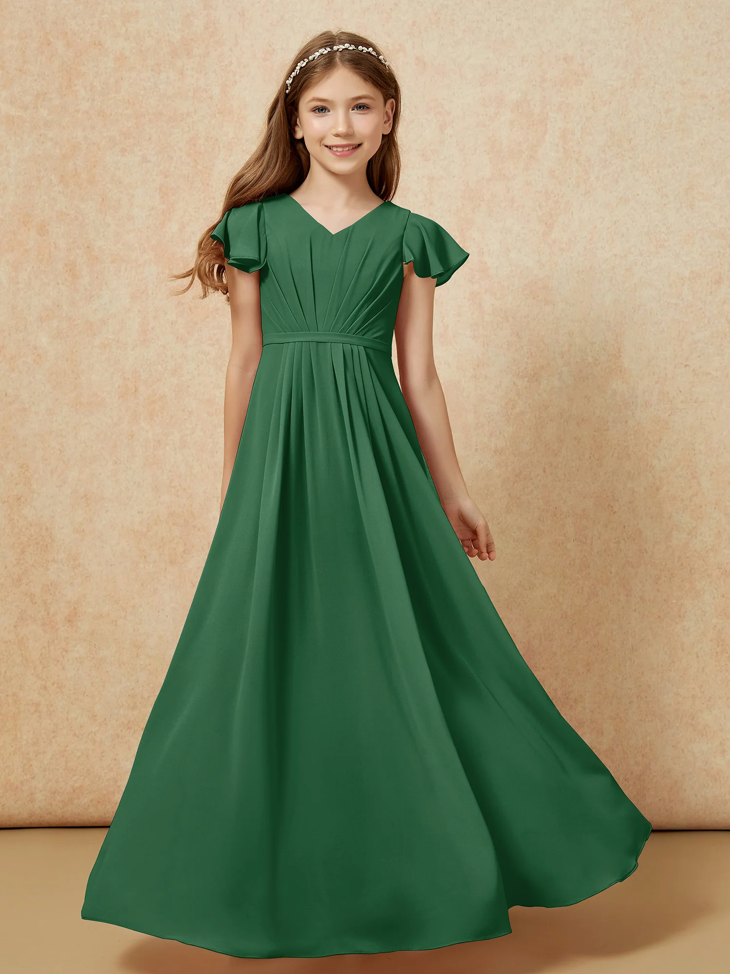 Flutter Sleeves V-neck Chiffon Junior Bridesmaid Dresses Dark Green