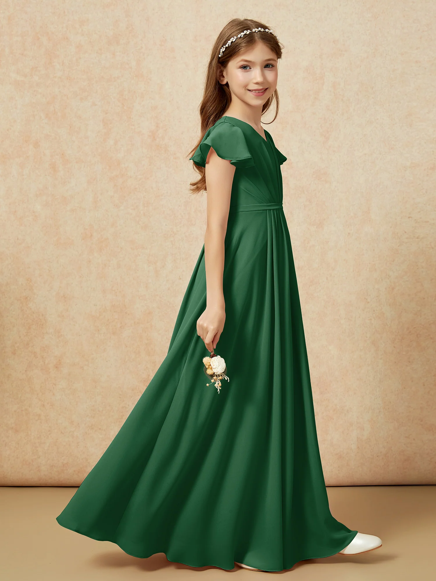 Flutter Sleeves V-neck Chiffon Junior Bridesmaid Dresses Dark Green - Image 5