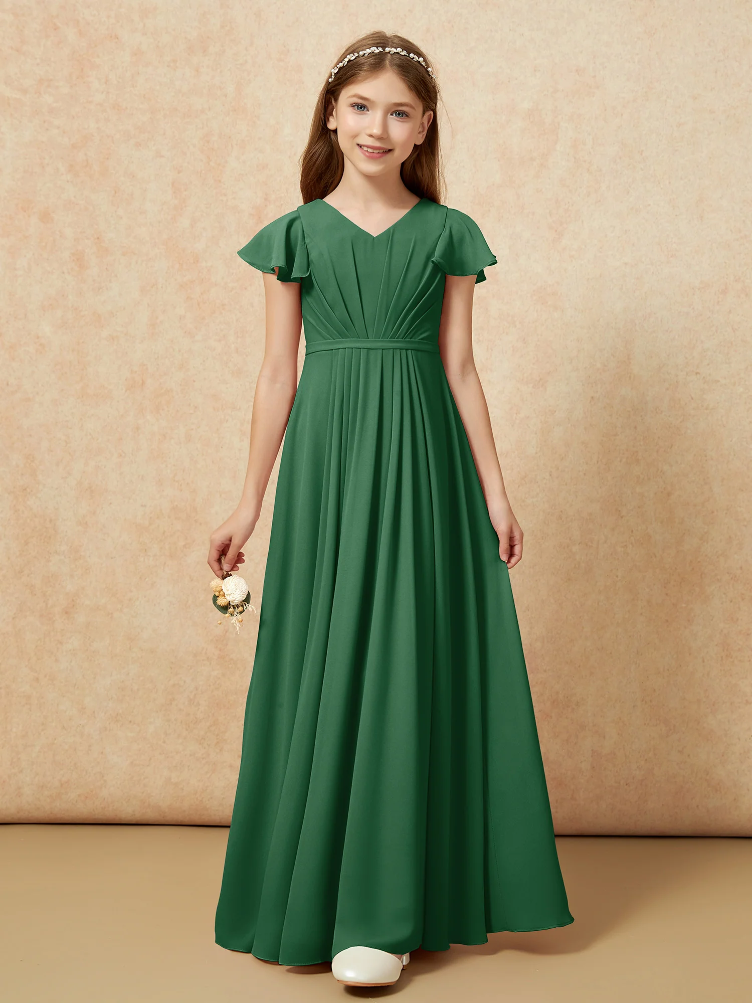 Flutter Sleeves V-neck Chiffon Junior Bridesmaid Dresses Dark Green - Image 6