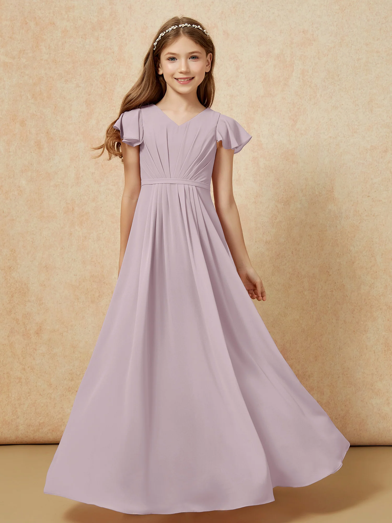 Flutter Sleeves V-neck Chiffon Junior Bridesmaid Dresses Dusk