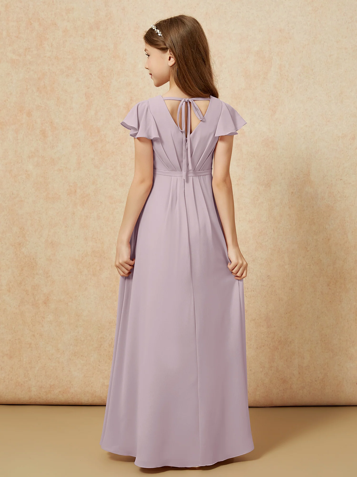 Flutter Sleeves V-neck Chiffon Junior Bridesmaid Dresses Dusk - Image 2