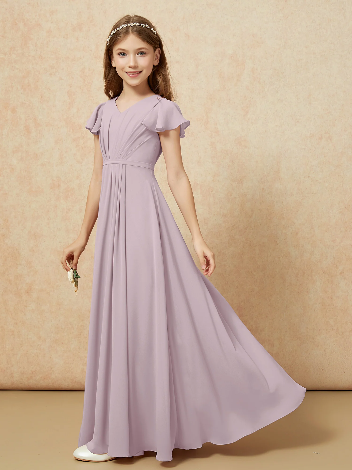 Flutter Sleeves V-neck Chiffon Junior Bridesmaid Dresses Dusk - Image 3