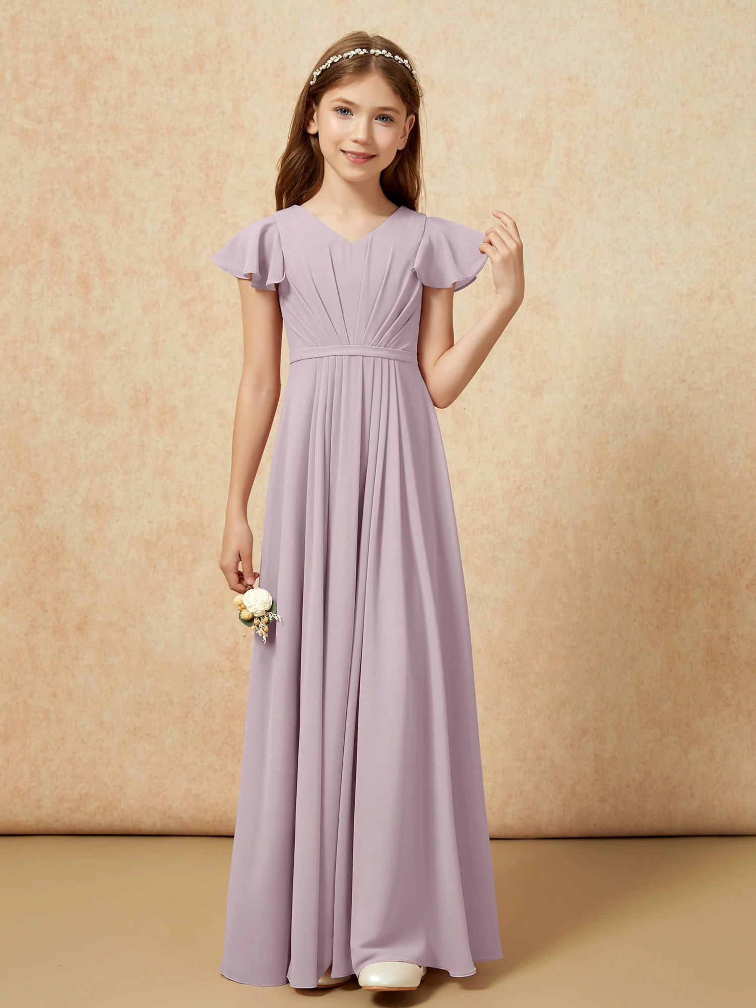 Flutter Sleeves V-neck Chiffon Junior Bridesmaid Dresses Dusk - Image 4