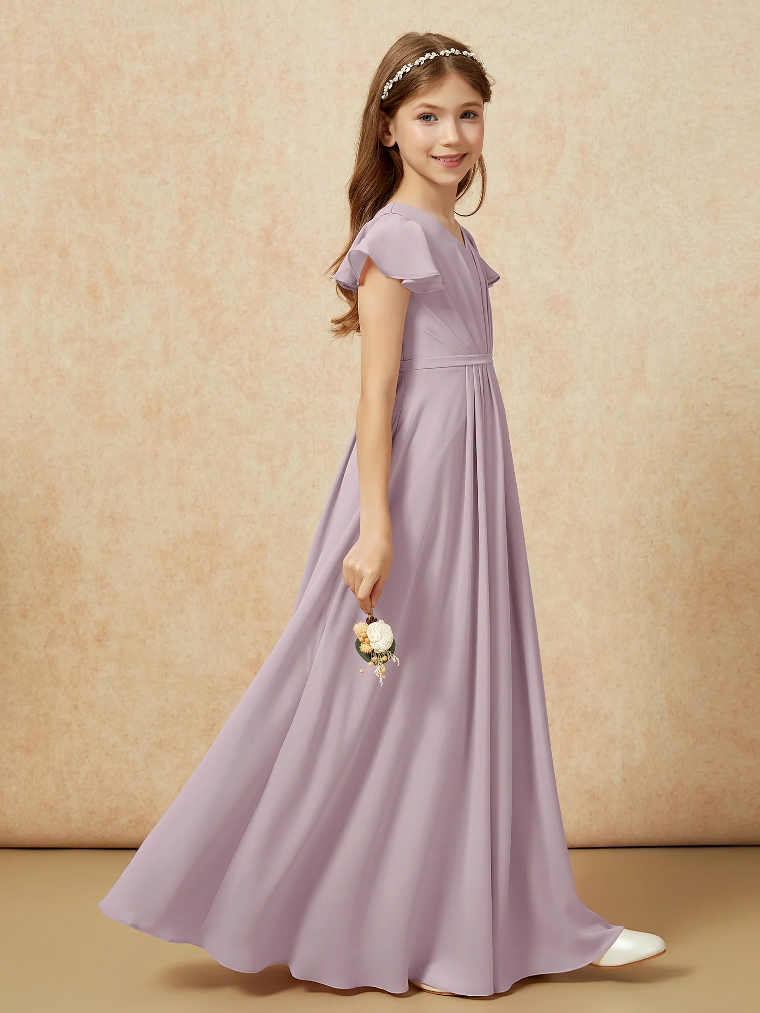 Flutter Sleeves V-neck Chiffon Junior Bridesmaid Dresses Dusk - Image 5