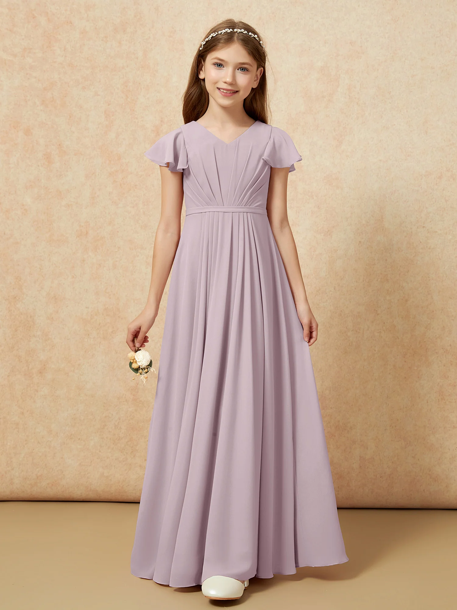 Flutter Sleeves V-neck Chiffon Junior Bridesmaid Dresses Dusk - Image 6