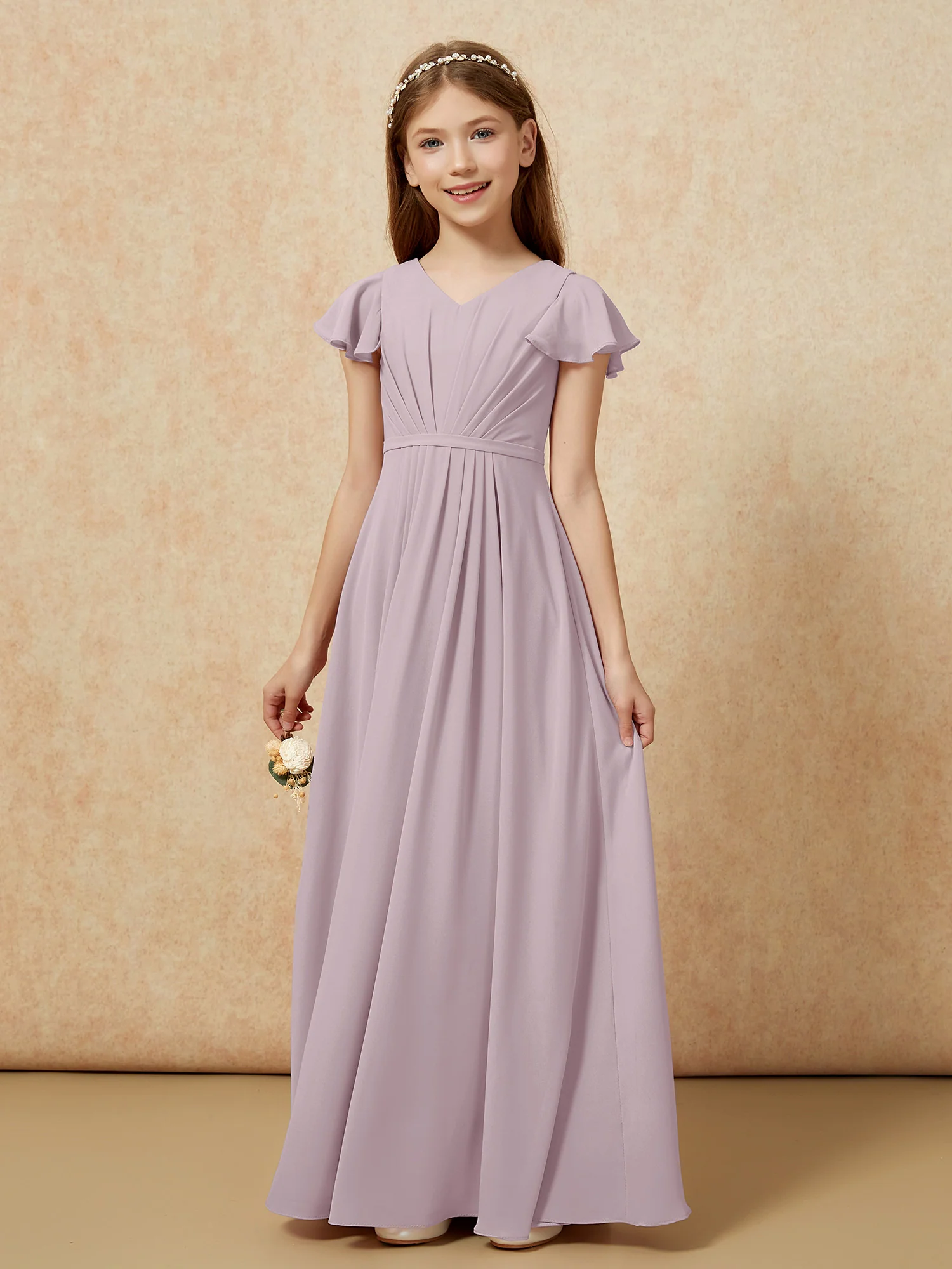 Flutter Sleeves V-neck Chiffon Junior Bridesmaid Dresses Dusk - Image 7