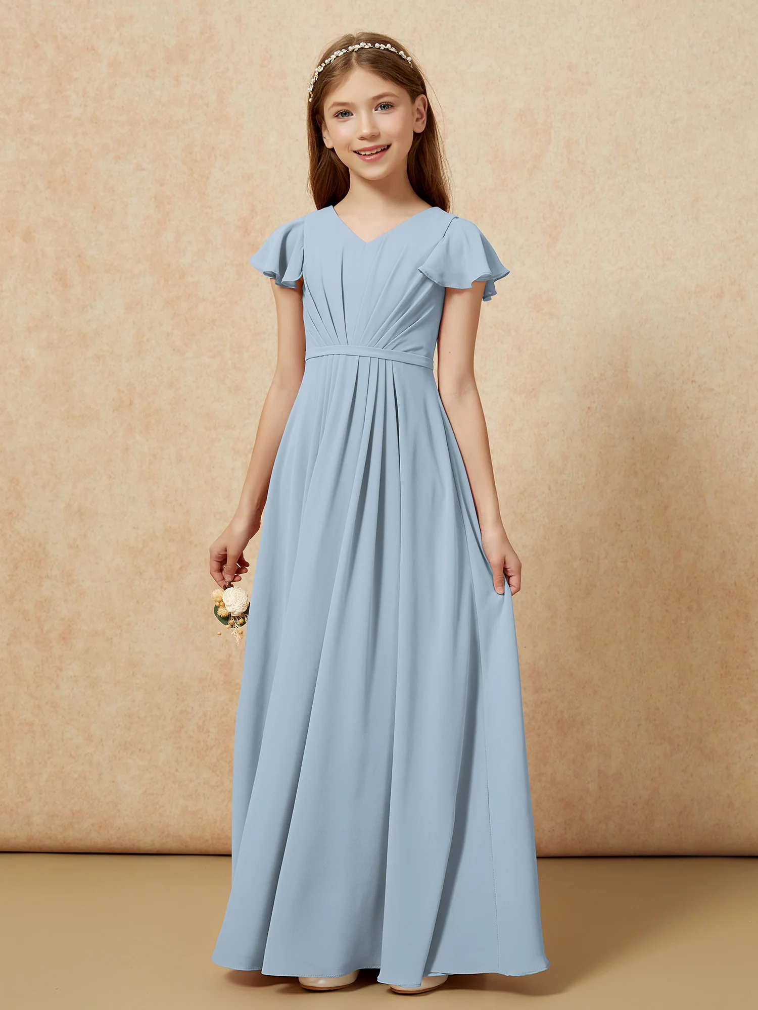 Flutter Sleeves V-neck Chiffon Junior Bridesmaid Dresses Dusty Blue - Image 7