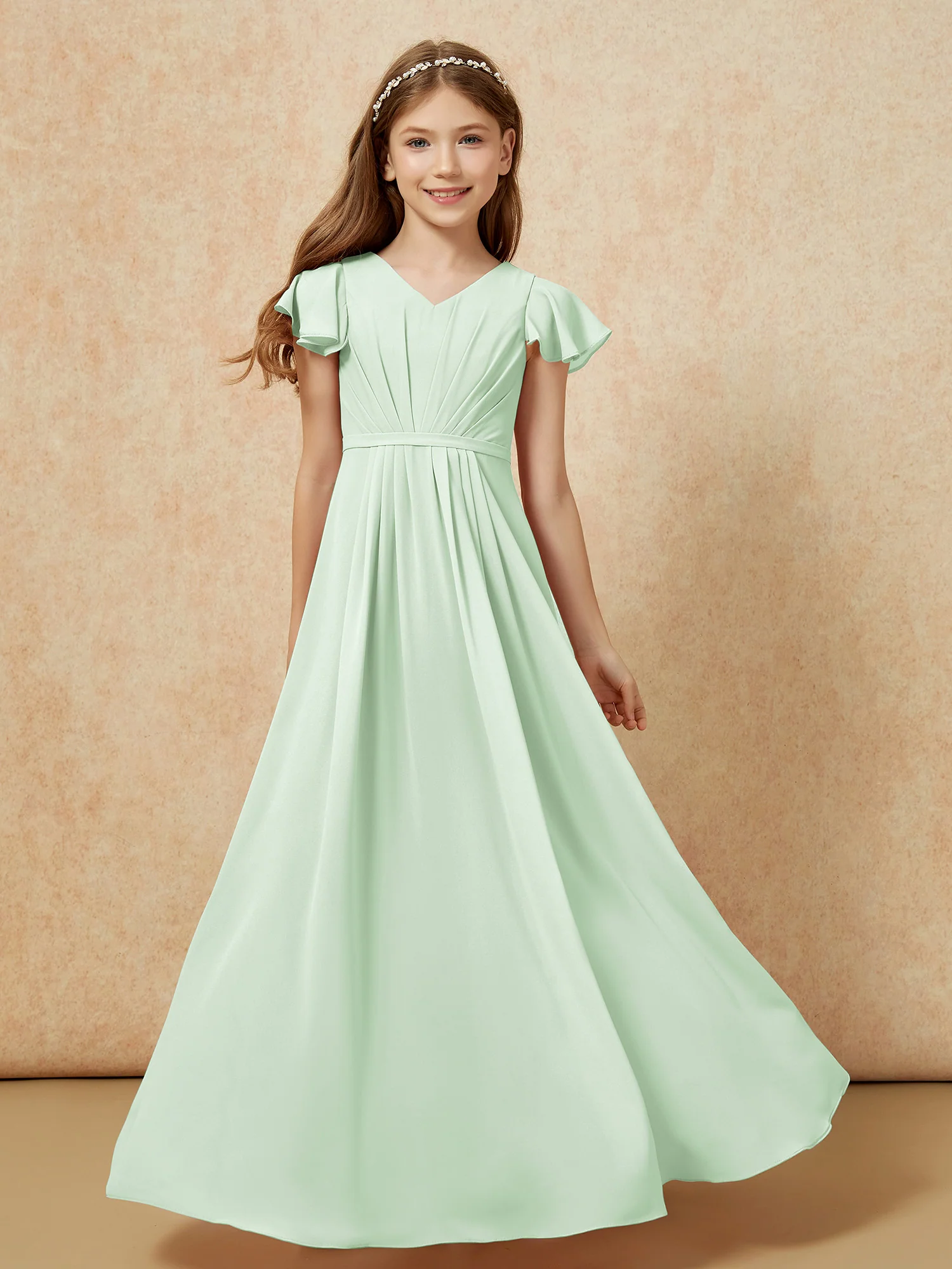 Flutter Sleeves V-neck Chiffon Junior Bridesmaid Dresses Dusty Sage