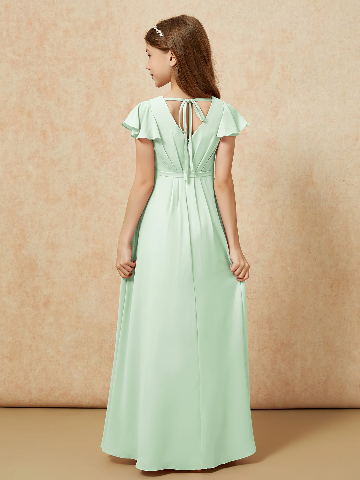 Flutter Sleeves V-neck Chiffon Junior Bridesmaid Dresses Dusty Sage - Image 2