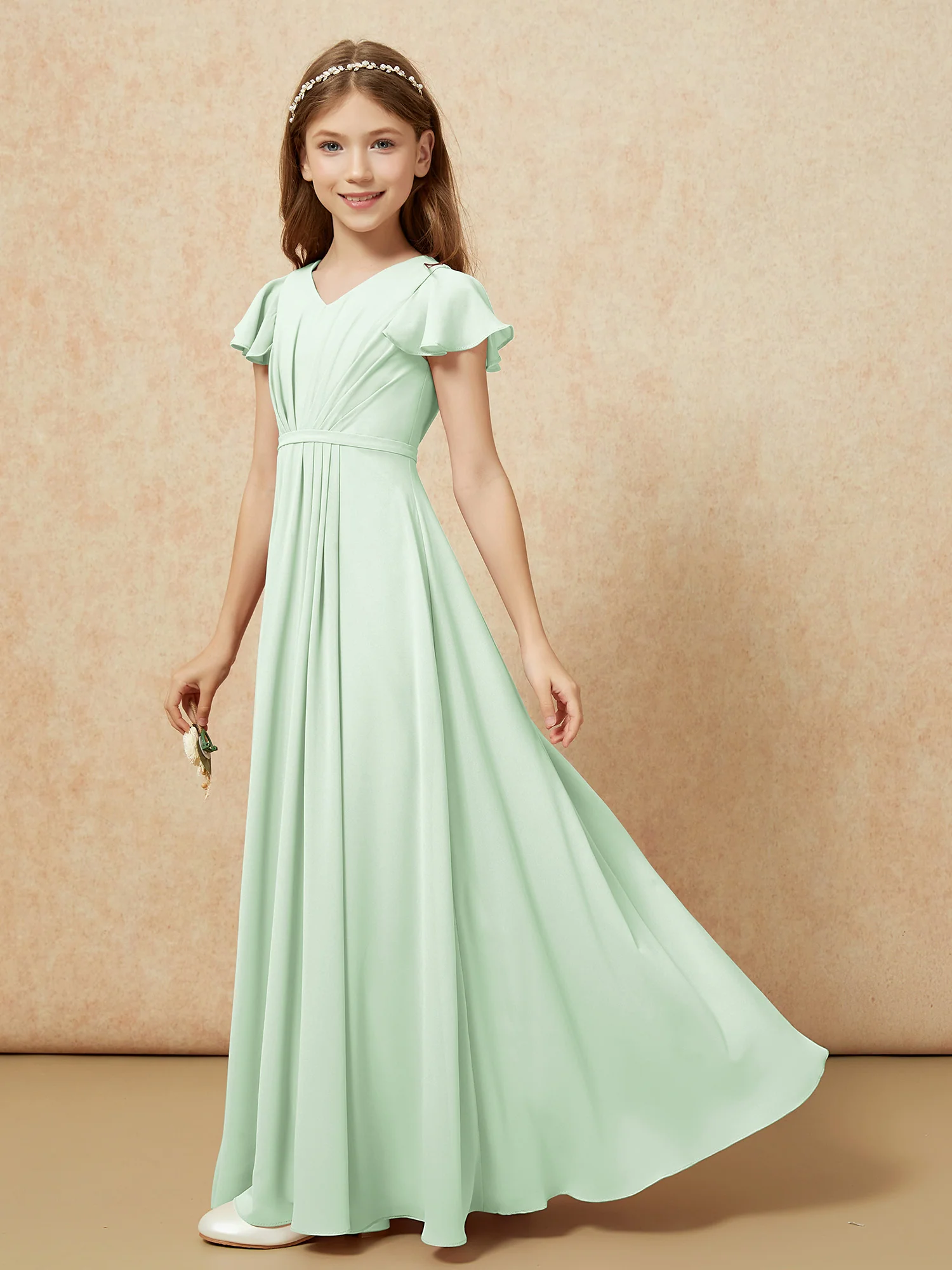 Flutter Sleeves V-neck Chiffon Junior Bridesmaid Dresses Dusty Sage - Image 3