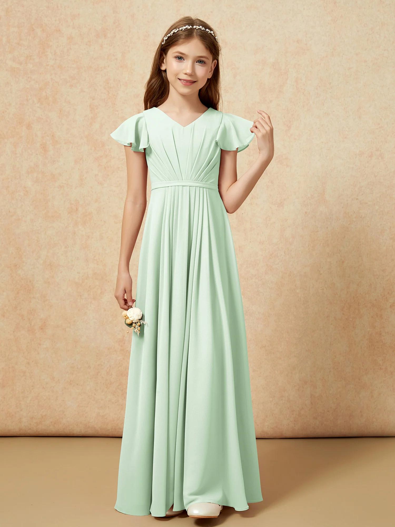 Flutter Sleeves V-neck Chiffon Junior Bridesmaid Dresses Dusty Sage - Image 4
