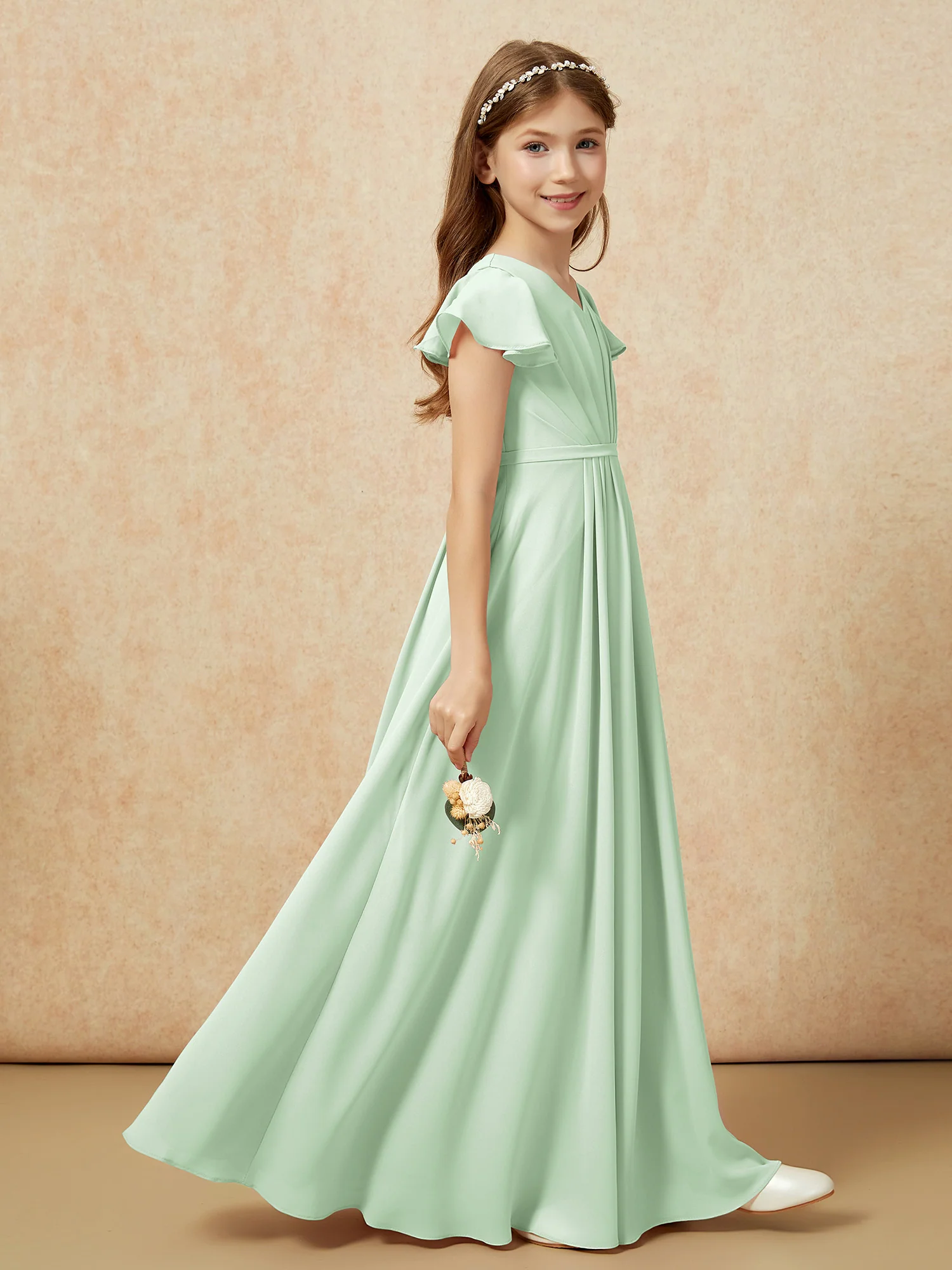 Flutter Sleeves V-neck Chiffon Junior Bridesmaid Dresses Dusty Sage - Image 5